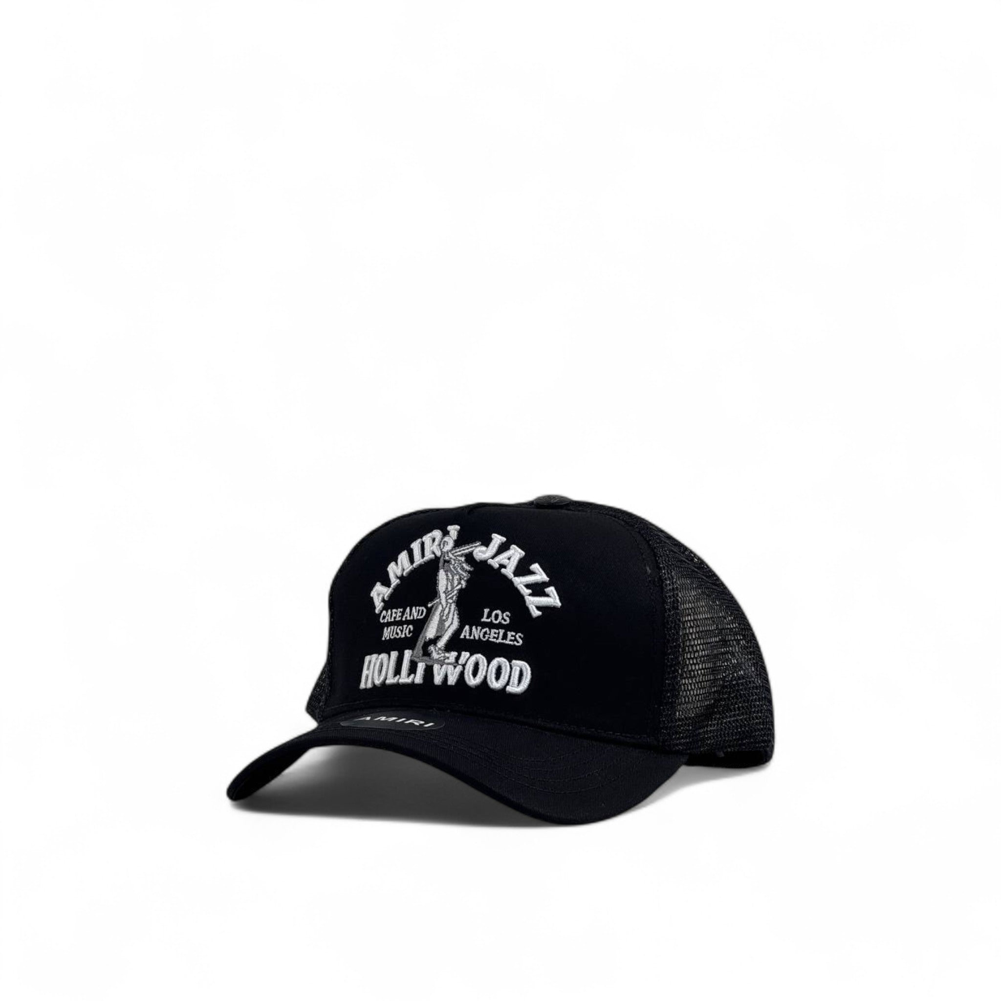 🧢 Amiri Black Trucker Cap – Hollywood Jazz Club Embroidered Hat | Mesh Snapback