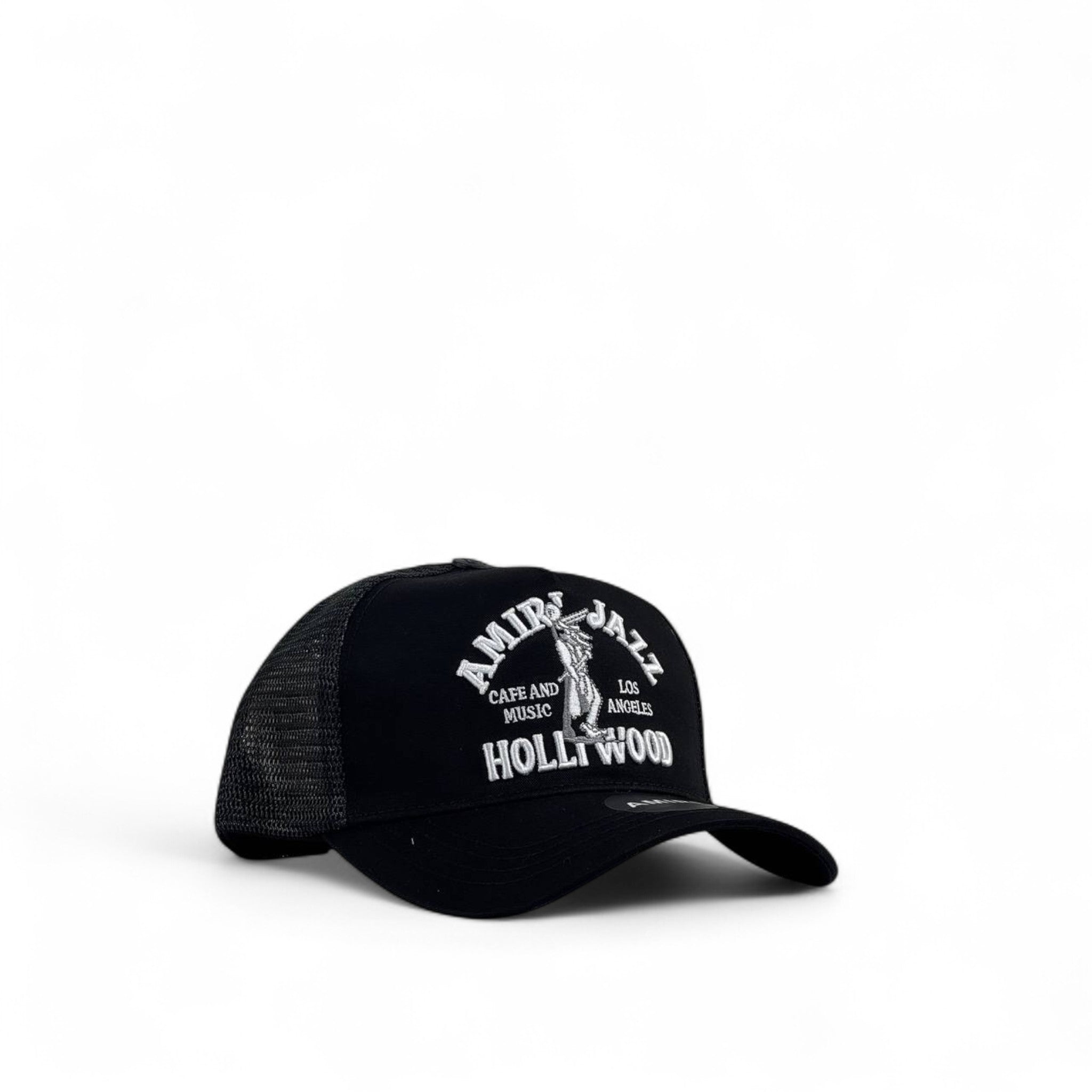 🧢 Amiri Black Trucker Cap – Hollywood Jazz Club Embroidered Hat | Mesh Snapback