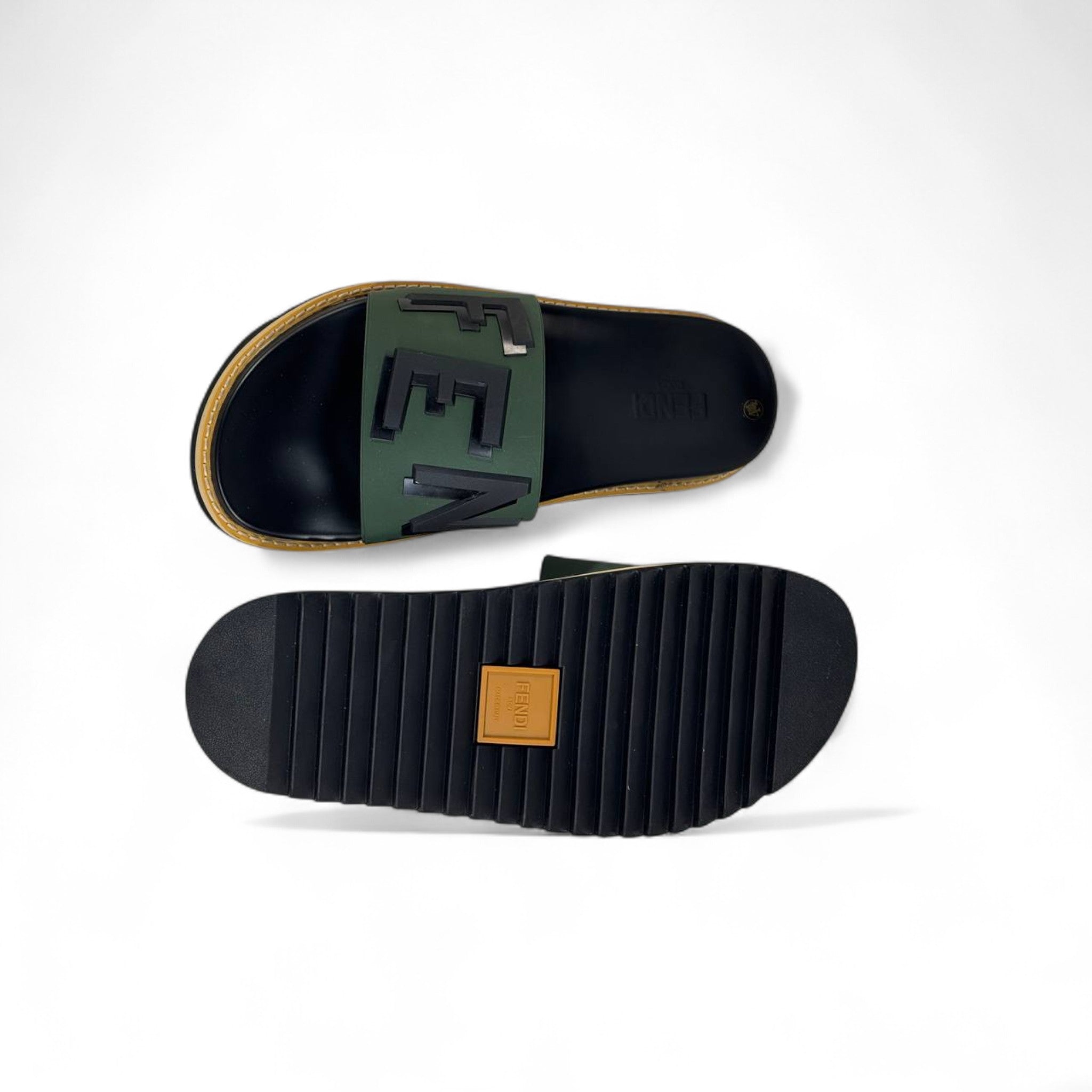 🟢 Fendi Green & Black Logo Slides – Luxury Unisex Sandals