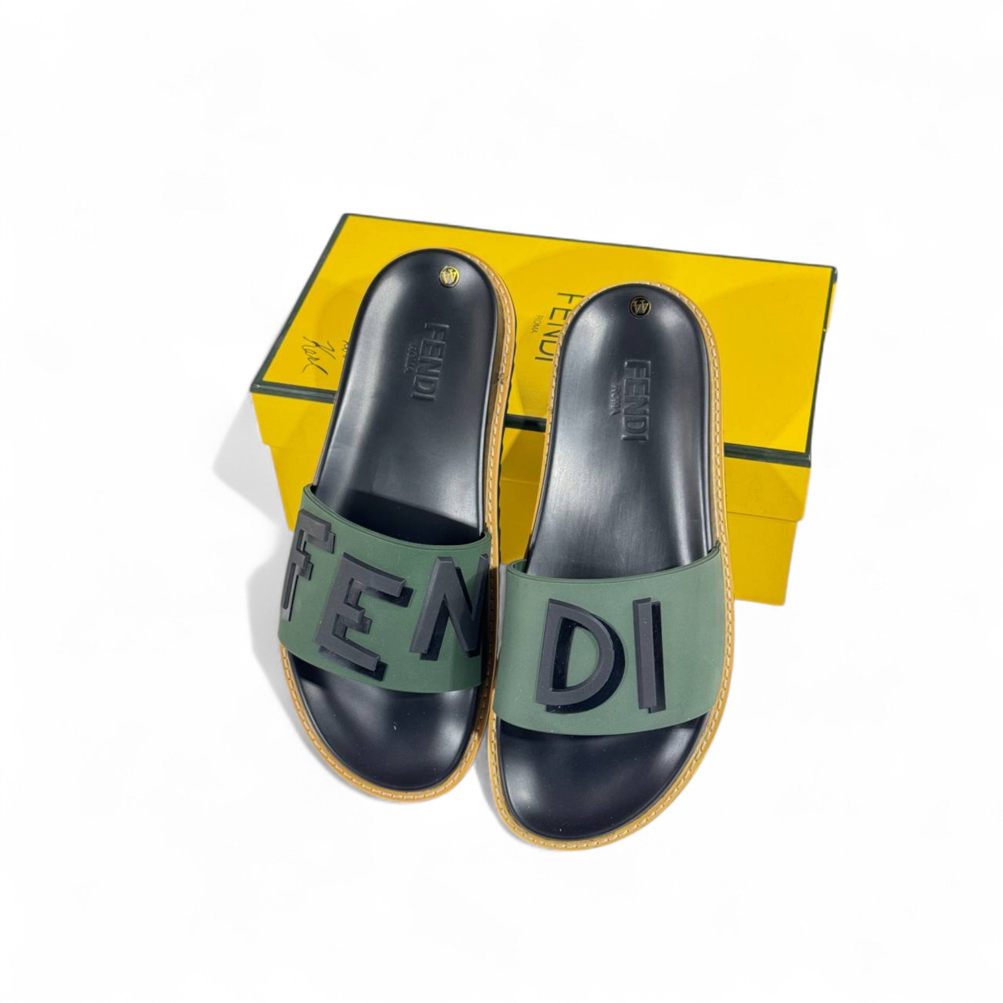 🟢 Fendi Green & Black Logo Slides – Luxury Unisex Sandals