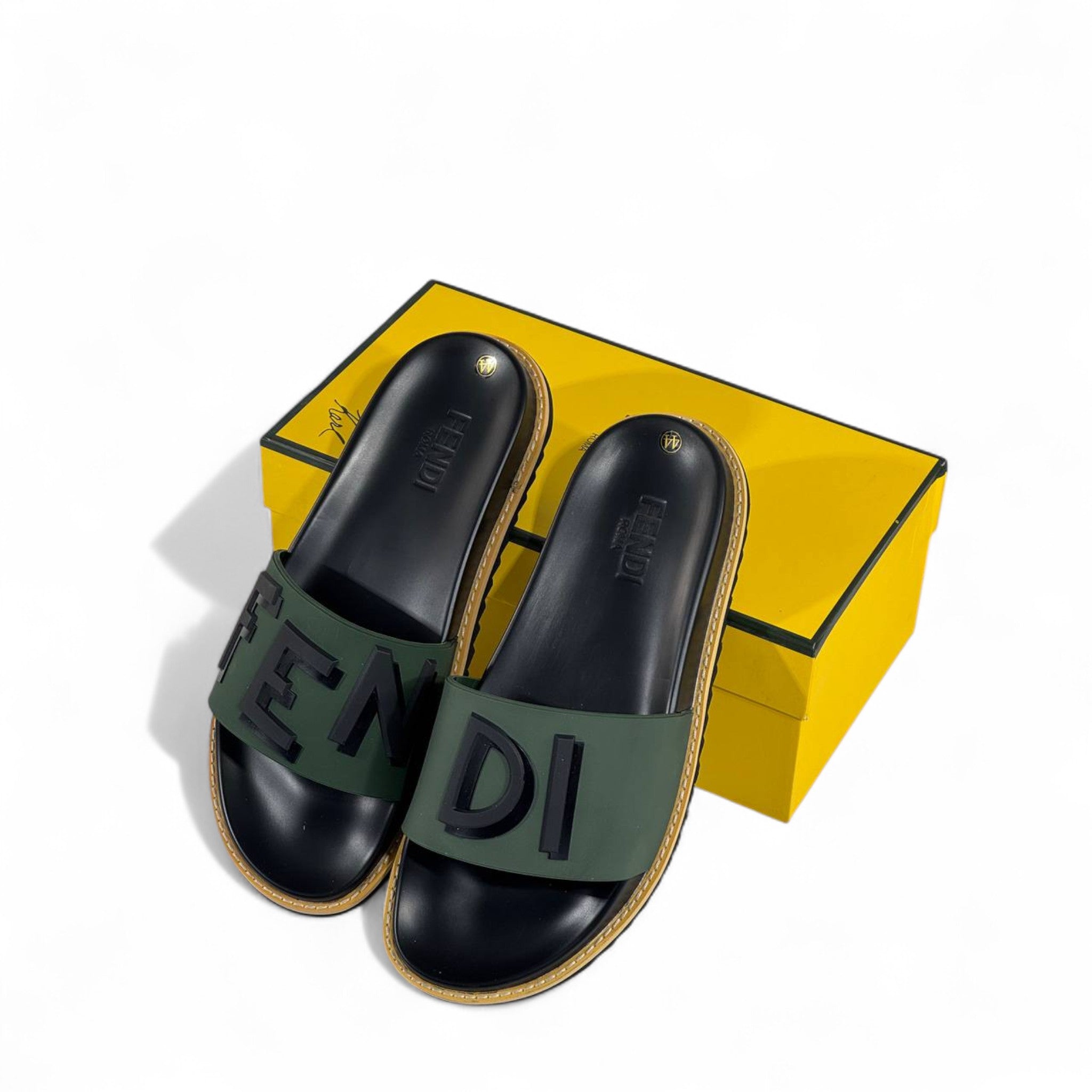 🟢 Fendi Green & Black Logo Slides – Luxury Unisex Sandals