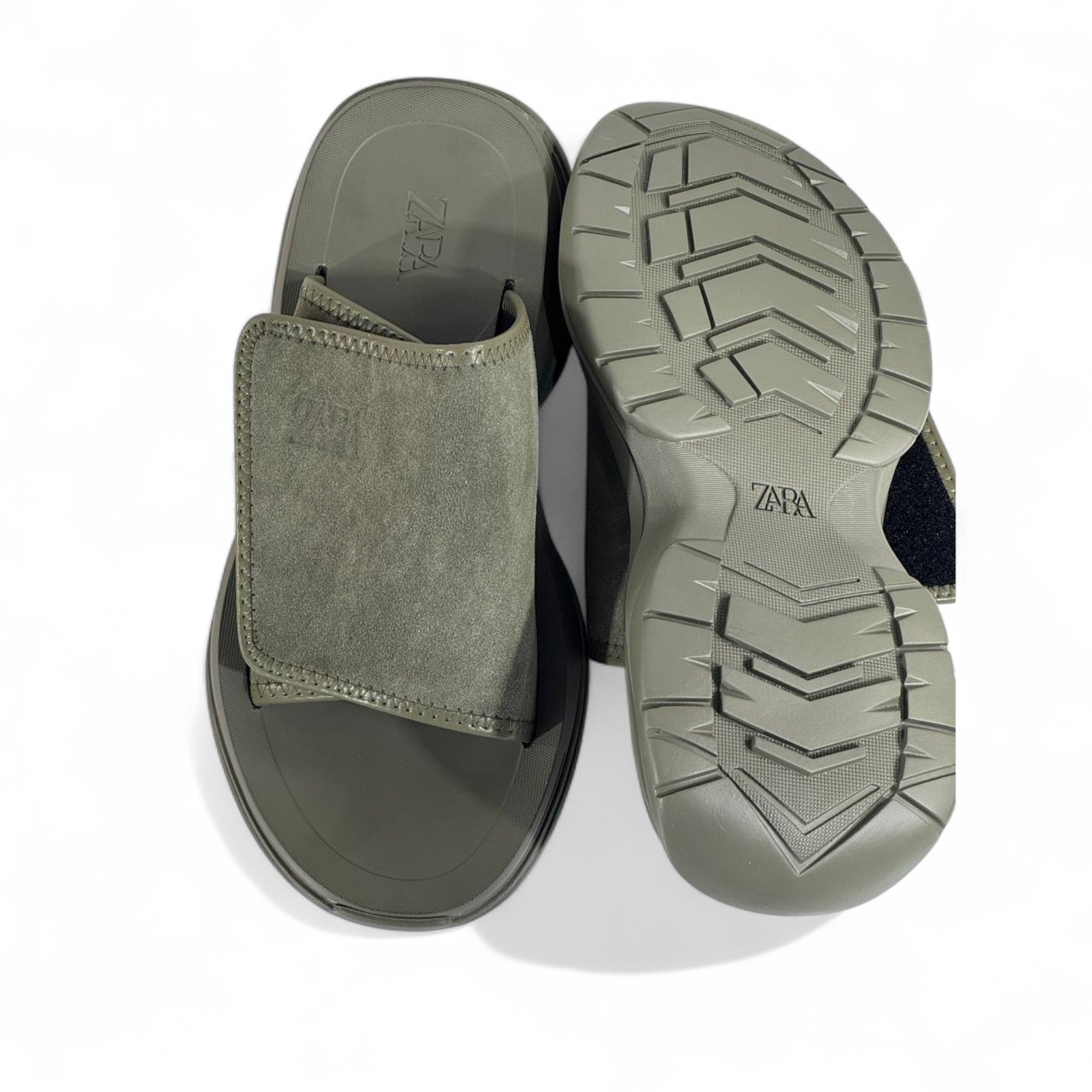 🟢 Zara Minimalist Green Suede Strap Slides – Urban Streetwear Essential