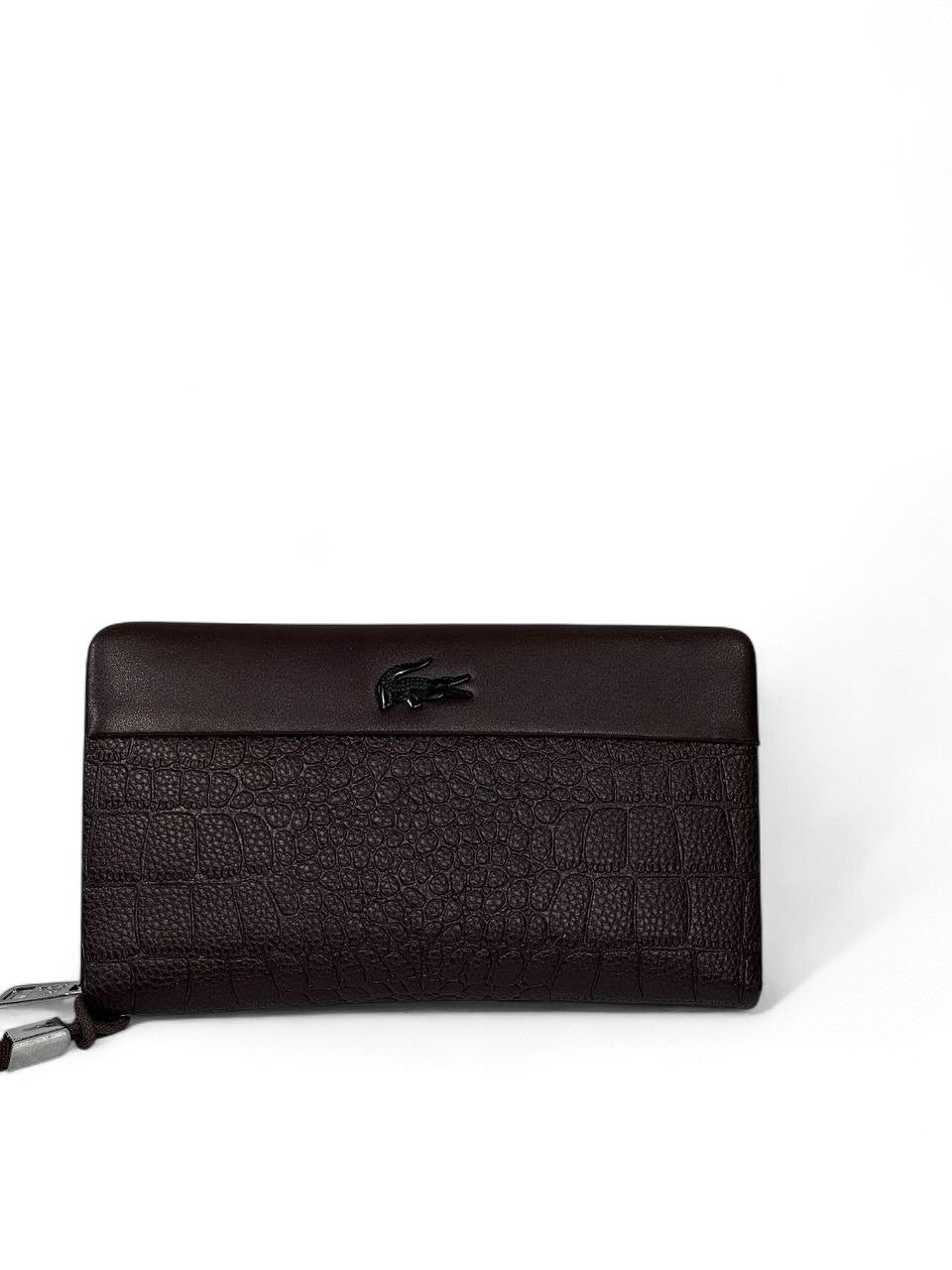 🤎 Lacoste Dark Brown Croc-Texture Leather Clutch – Premium Designer Wristlet
