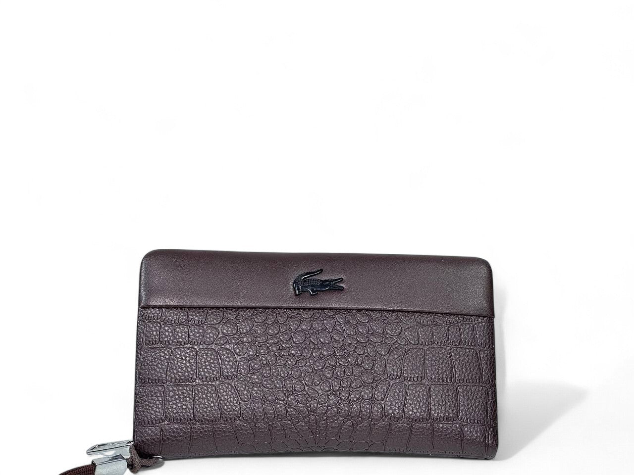🤎 Lacoste Dark Brown Croc-Texture Leather Clutch – Premium Designer Wristlet