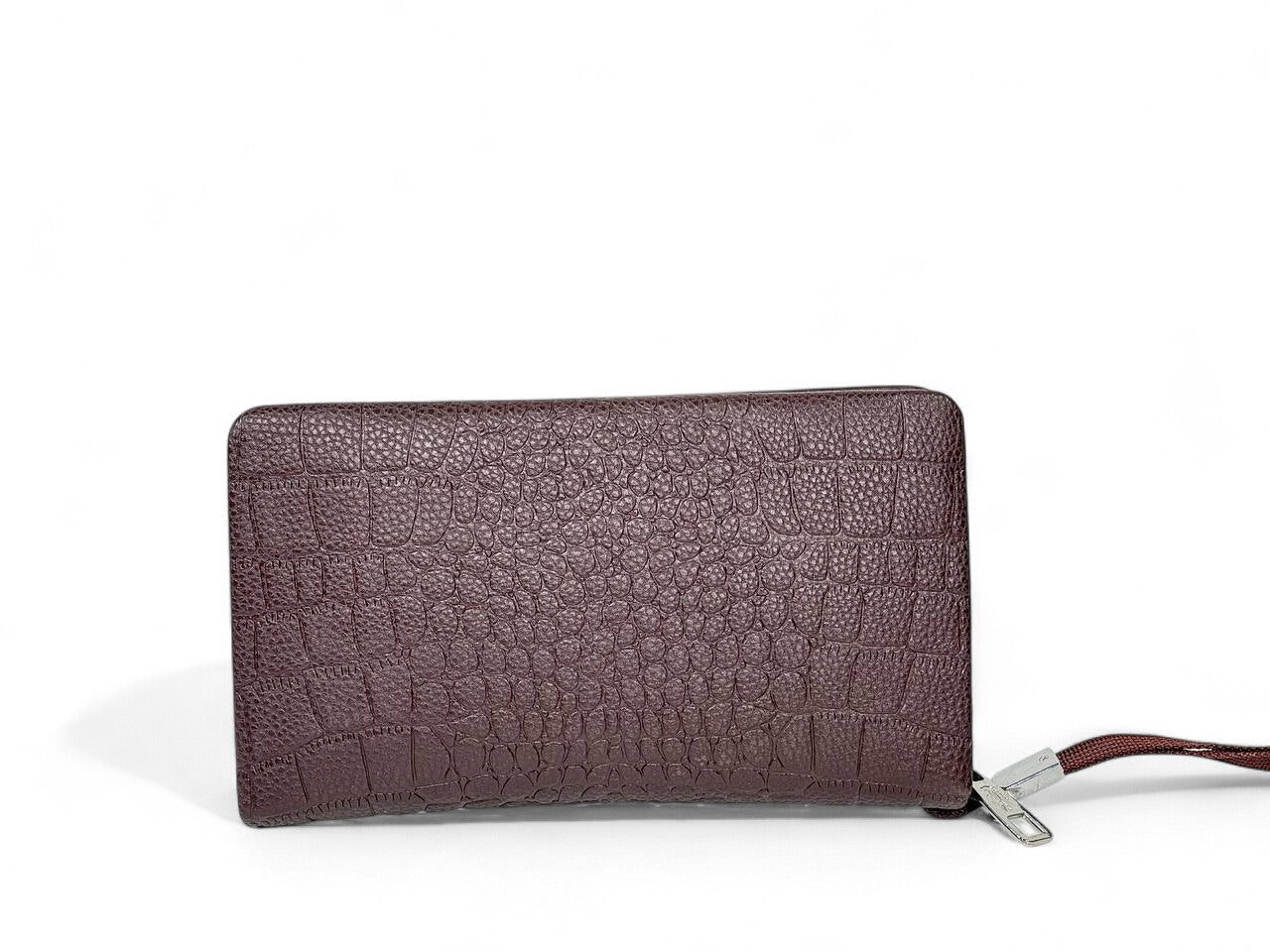 🤎 Lacoste Dark Brown Croc-Texture Leather Clutch – Premium Designer Wristlet