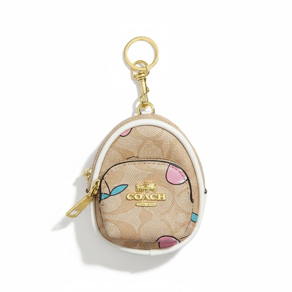 coach backpack coin purse Strawberry Case Printed coated canvas and smooth leather Zip closure fabric lining Outside zip pocket Attached split key ring and dogleash clip 3 1/4 (L) x 4 (H) x 1 1/2 (W) Style No. Coach Mini Backpack Purse Gold