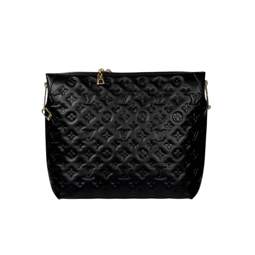 🖤✨ Louis Vuitton Embossed Monogram Tote Bag + Matching Pouch – Black & Gold