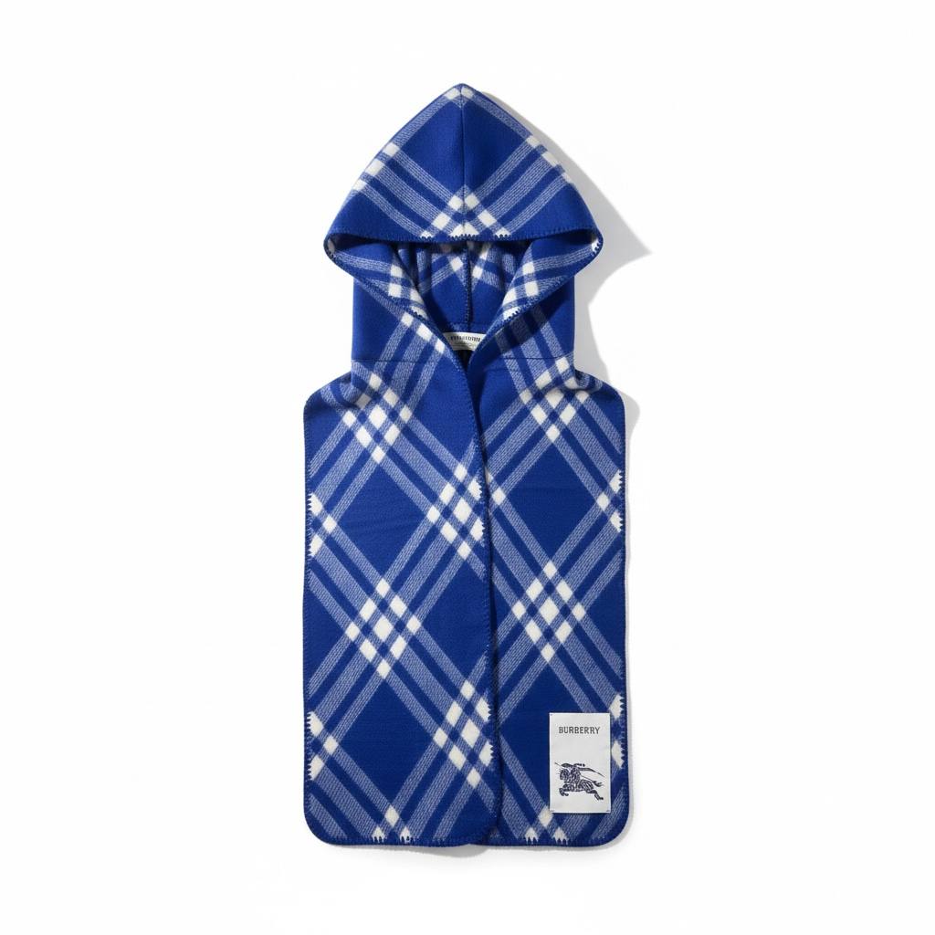 🌟 Burberry Hooded Check Scarf – Double Face | Blue & White 🧣💙