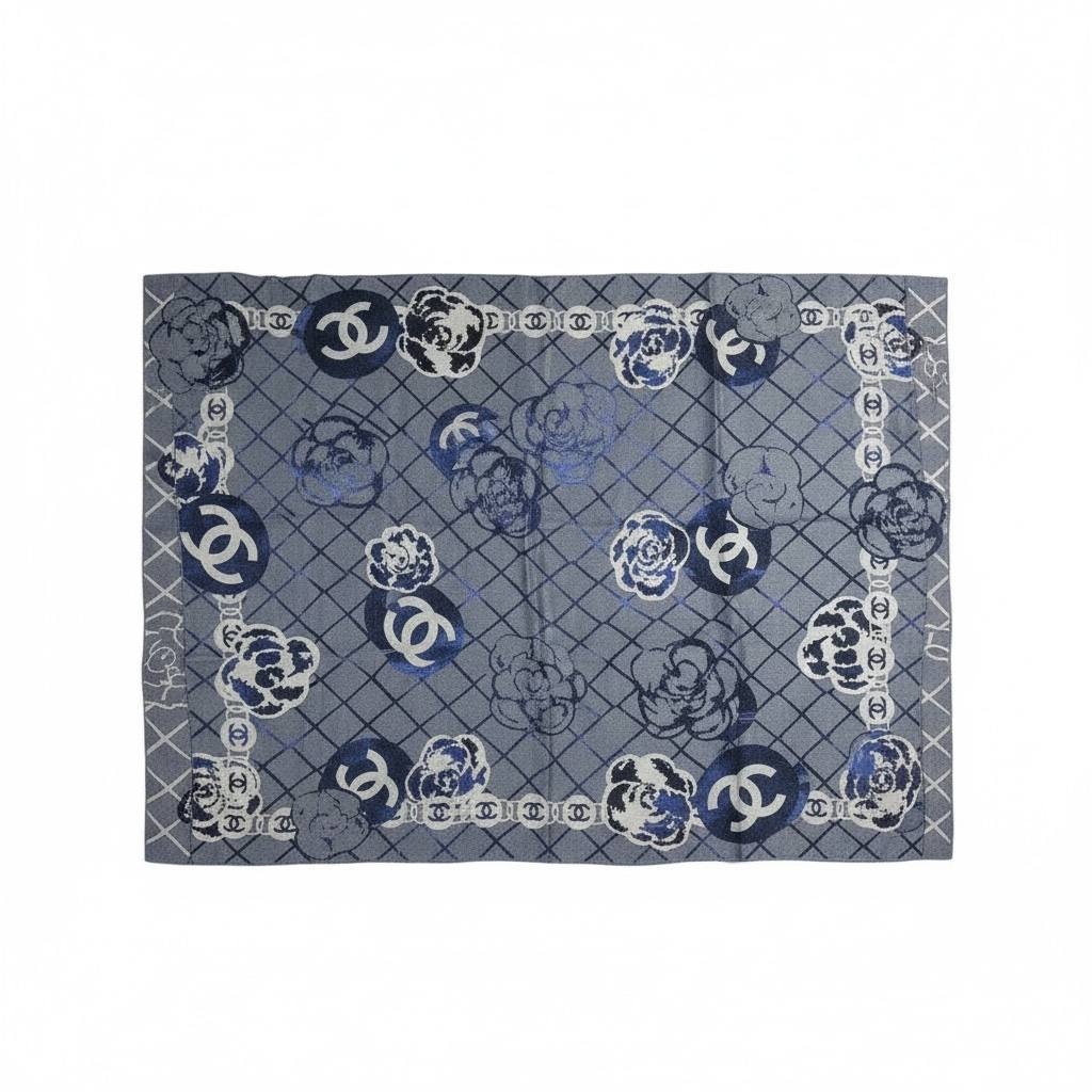 🟦✨ CHANEL Camellia & CC Pattern Luxury Winter Scarf – Blue Elegance