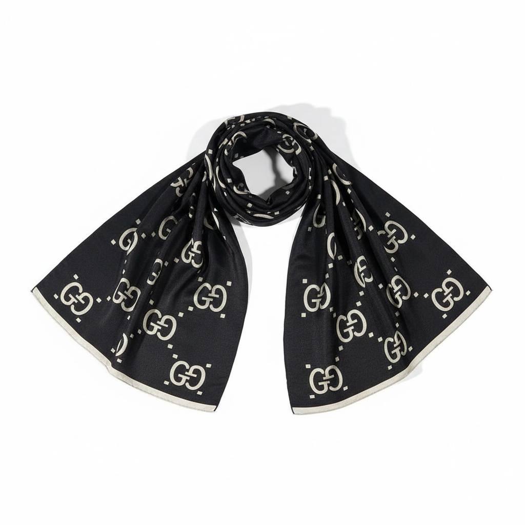 🖤✨ Gucci Double-Face GG Monogram Scarf – Black & Beige Elegance ✨🤍