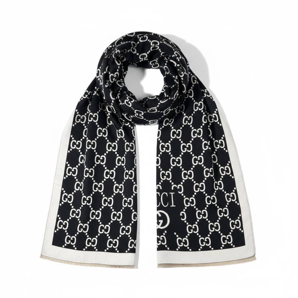 🖤 GUCCI Luxury Monogram Scarf – Black & White Elegance 🧣✨