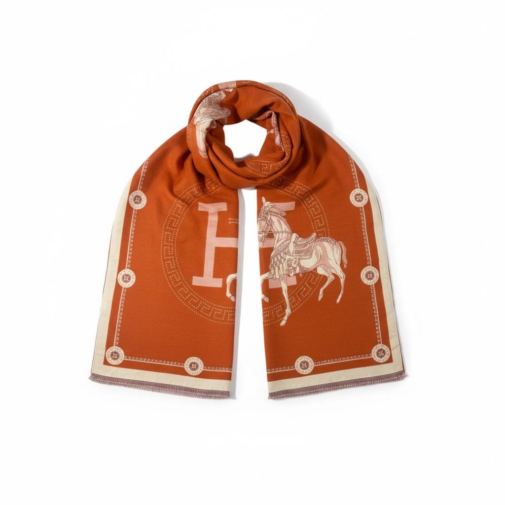 🧡 HERMÈS Horse Emblem Luxury Scarf – Burnt Orange Elegance