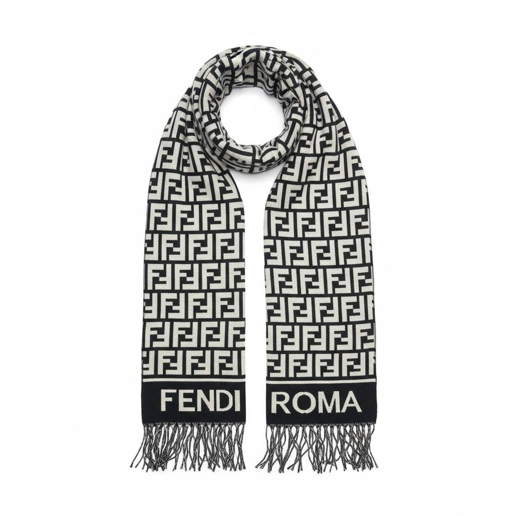 Fendi Inspired Luxury Scarf – Black & Cream “FENDI ROMA” Edition 🧣🖤 (Unisex Winter Classic)
