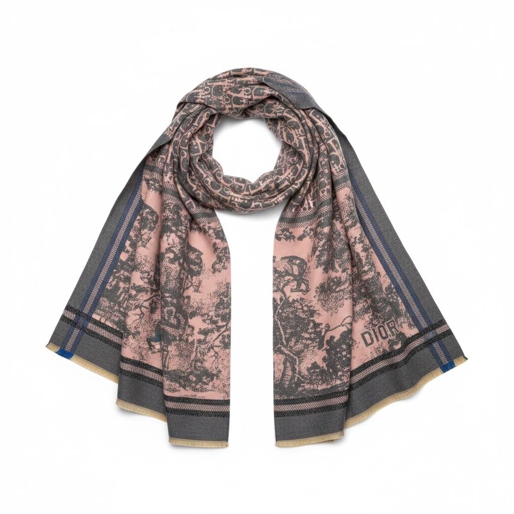Christian Dior Pink & Charcoal Toile Oblique Scarf 🖤💗 Timeless Parisian Luxury