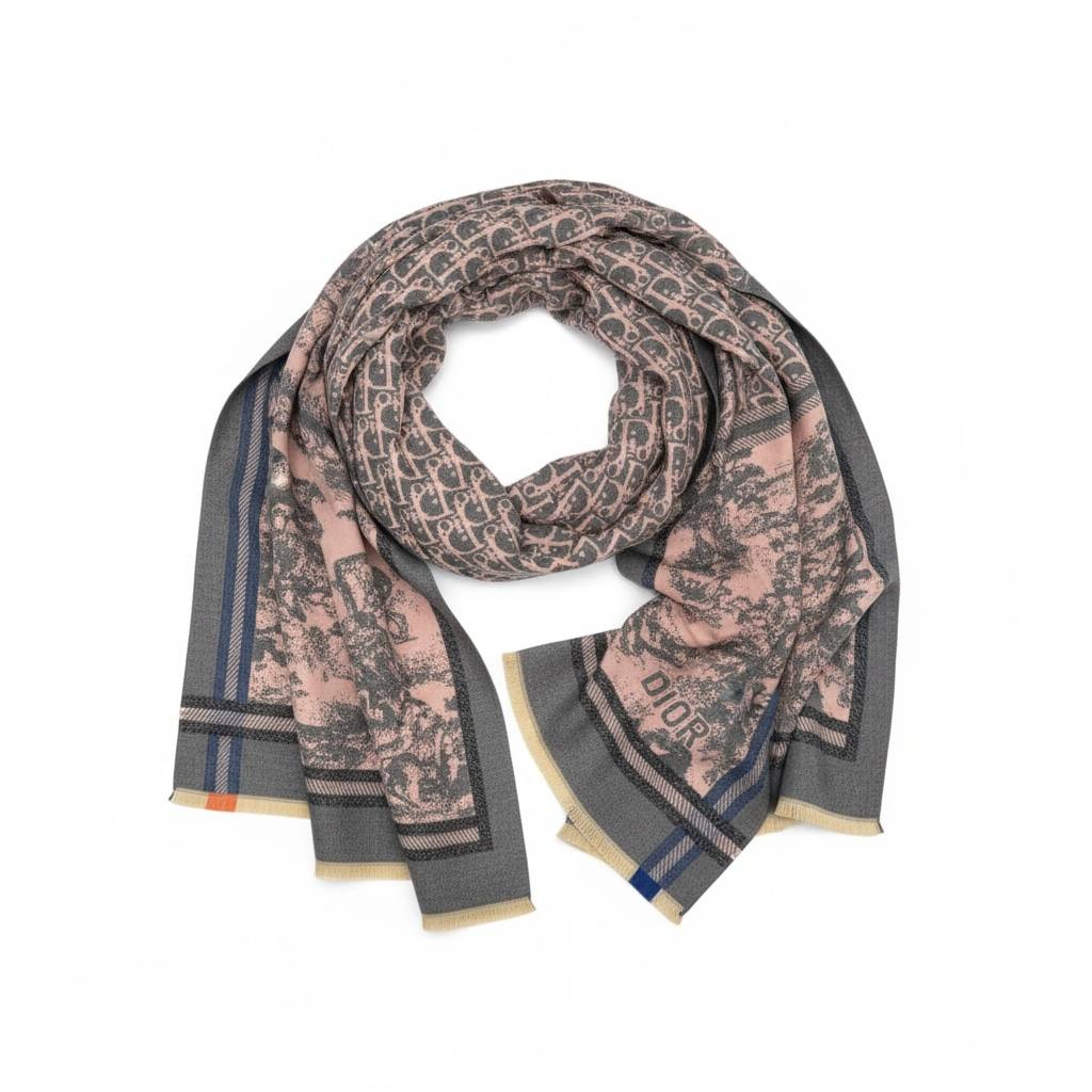 Christian Dior Pink & Charcoal Toile Oblique Scarf 🖤💗 Timeless Parisian Luxury