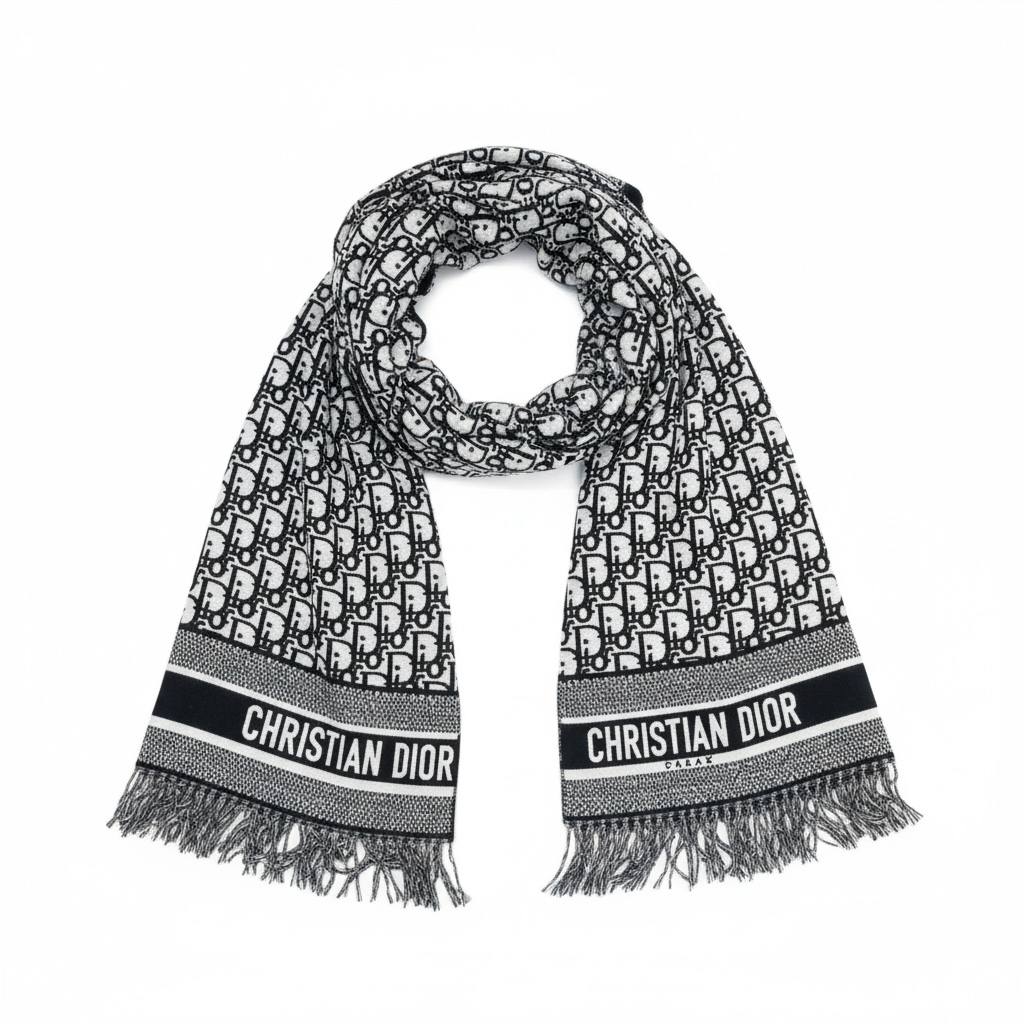 Christian Dior-Inspired Oblique Fringe Scarf – Black & White Luxury Edition 🖤🤍✨