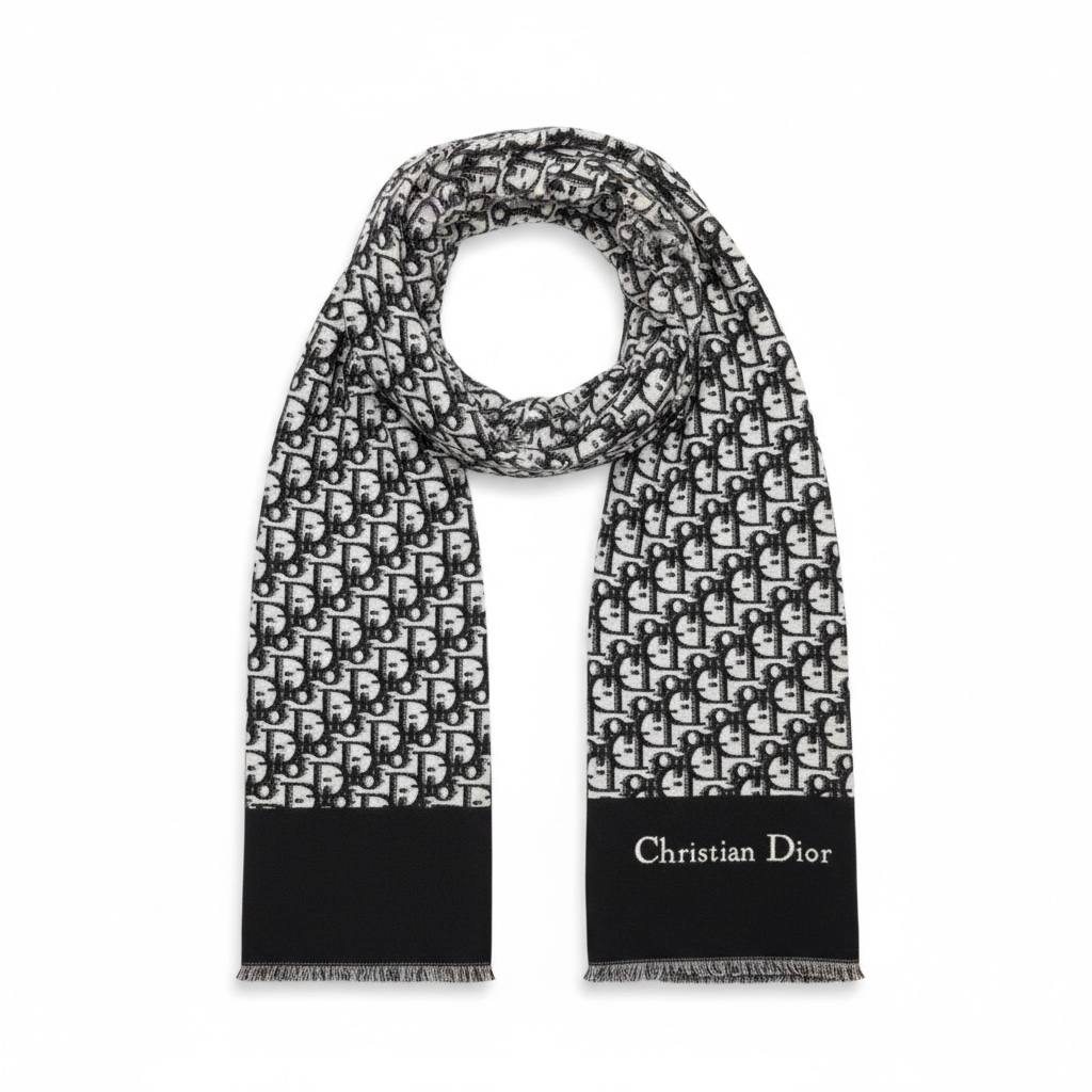 Christian Dior-Inspired Oblique Wool Scarf – Black Monogram Luxury Edition 🖤🤍✨