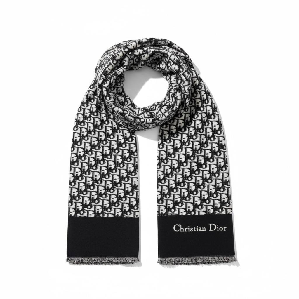 Christian Dior-Inspired Oblique Wool Scarf – Black Monogram Luxury Edition 🖤🤍✨