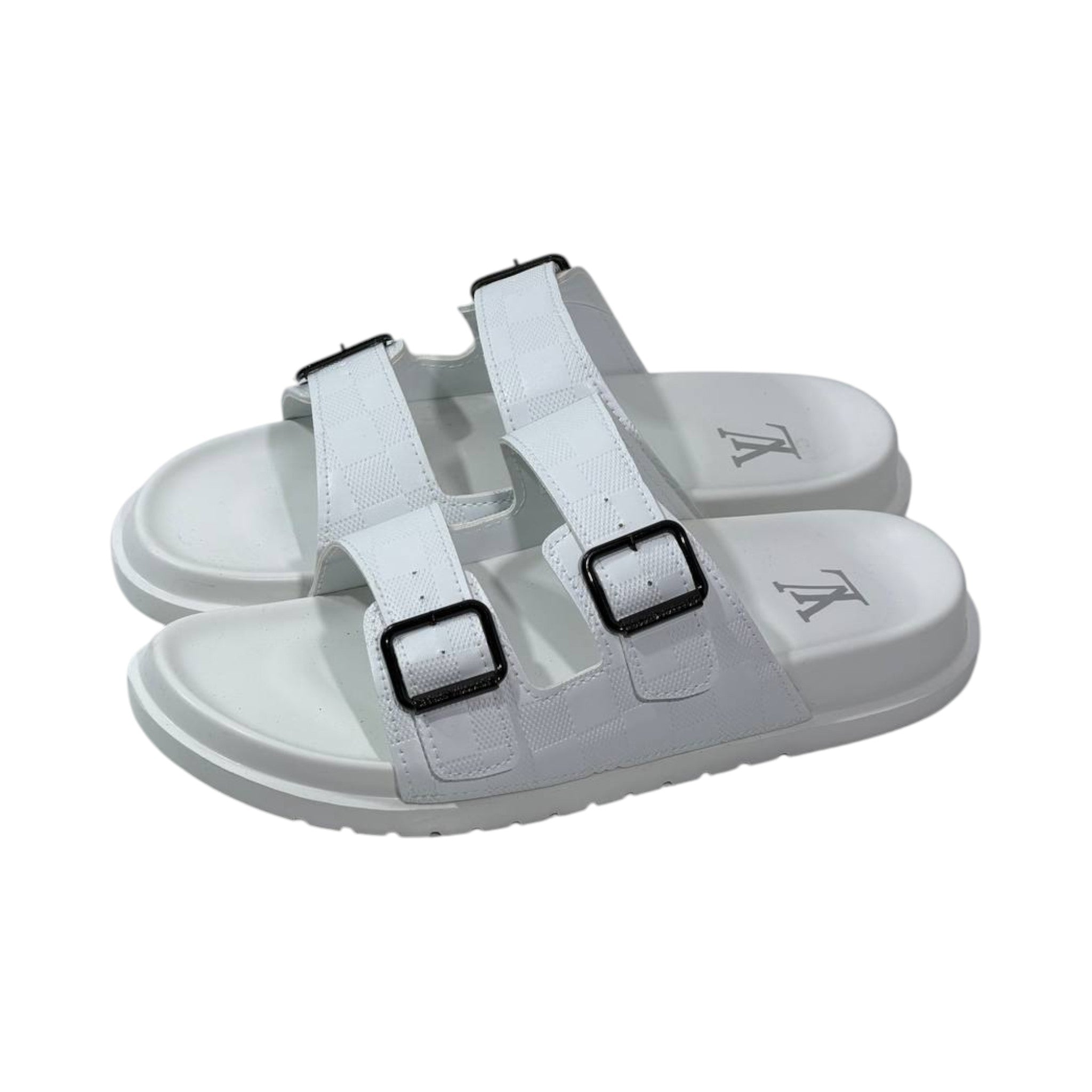 🤍 Louis Vuitton Damier Azur Double-Buckle Slides – Clean Luxury, Timeless Style