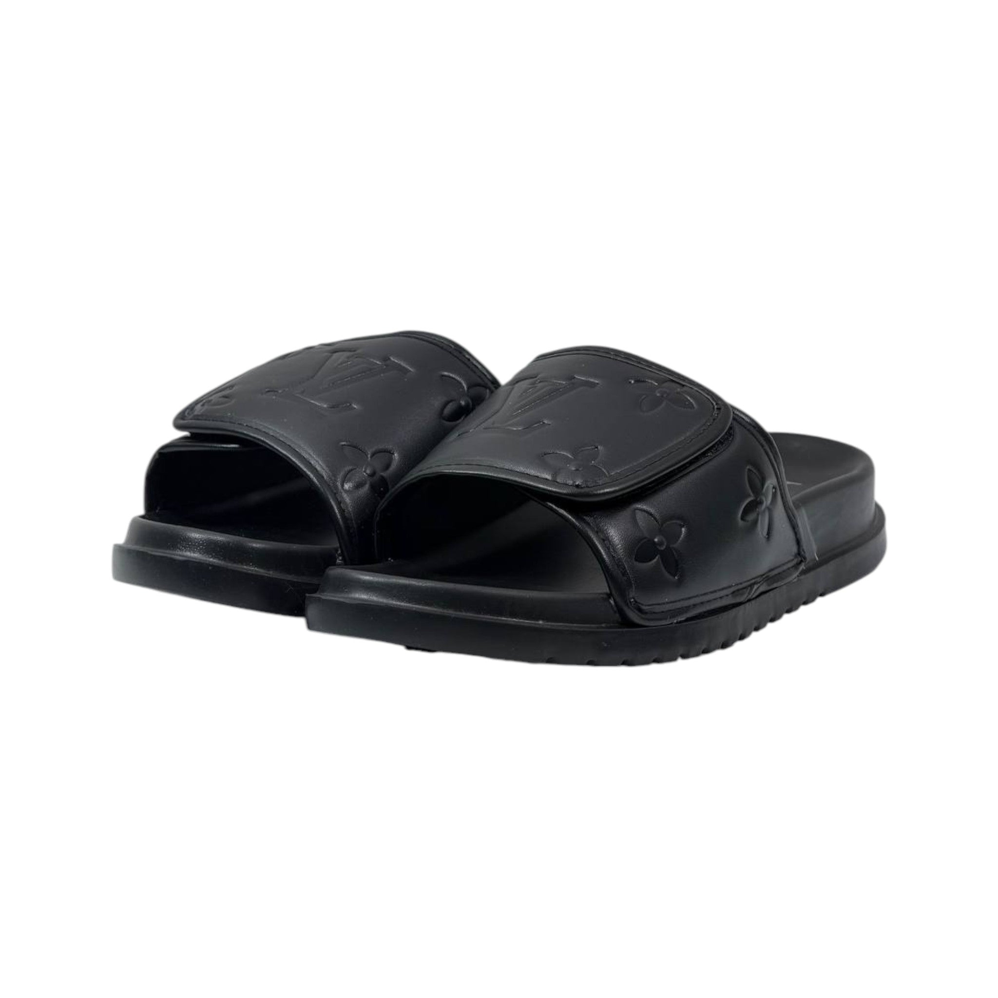 🖤 Louis Vuitton Monogram Embossed Comfort Slides – All Black Edition