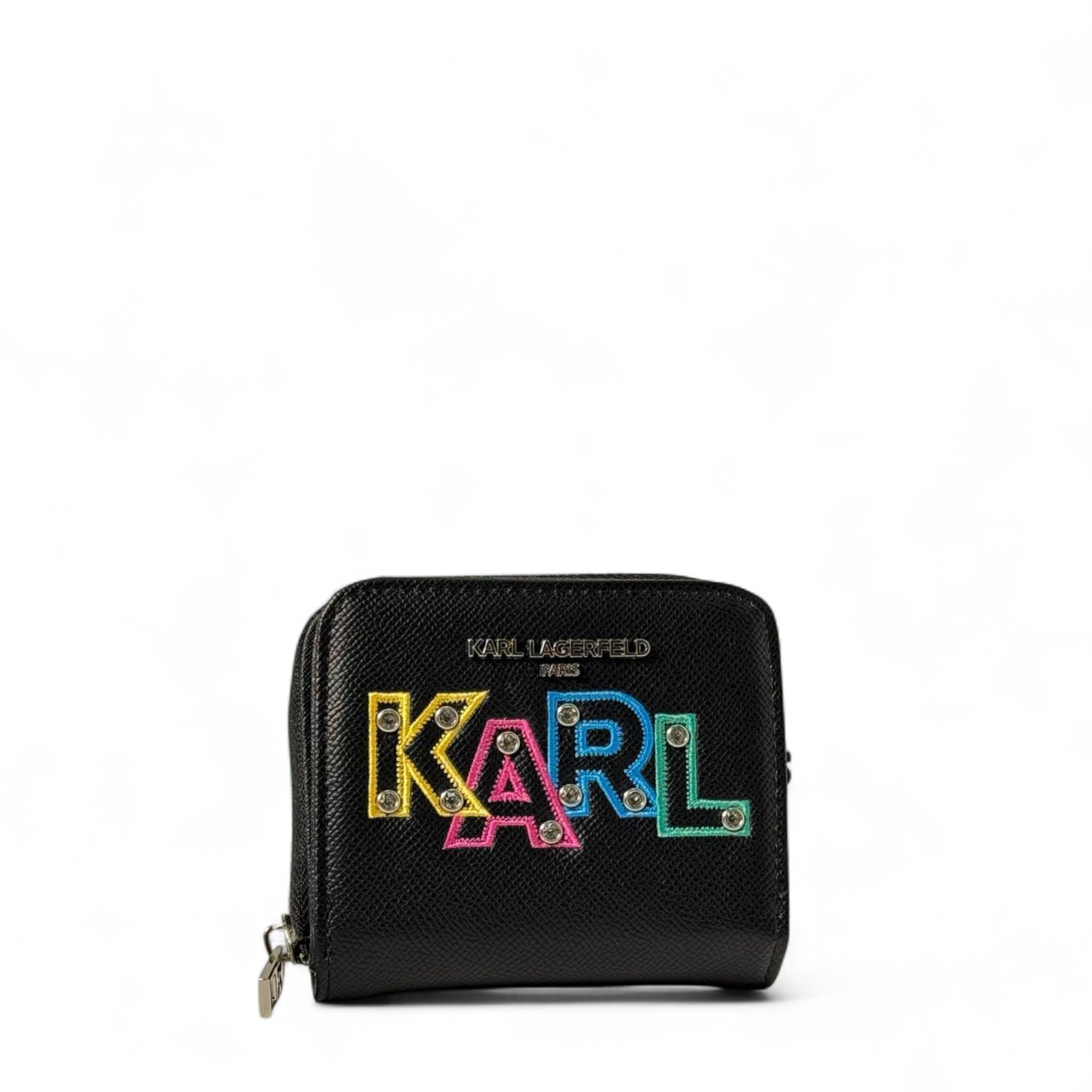 🖤 Karl Lagerfeld Black Wallet – Multicolor KARL Logo Embroidery 🌈✨