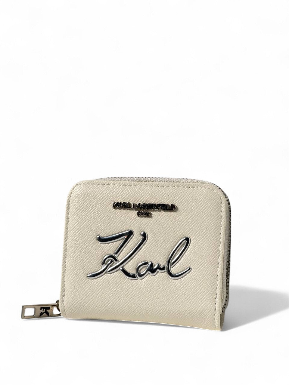 🤍 Karl Lagerfeld White Wallet – Metallic Script “Karl” Logo 🖋️✨