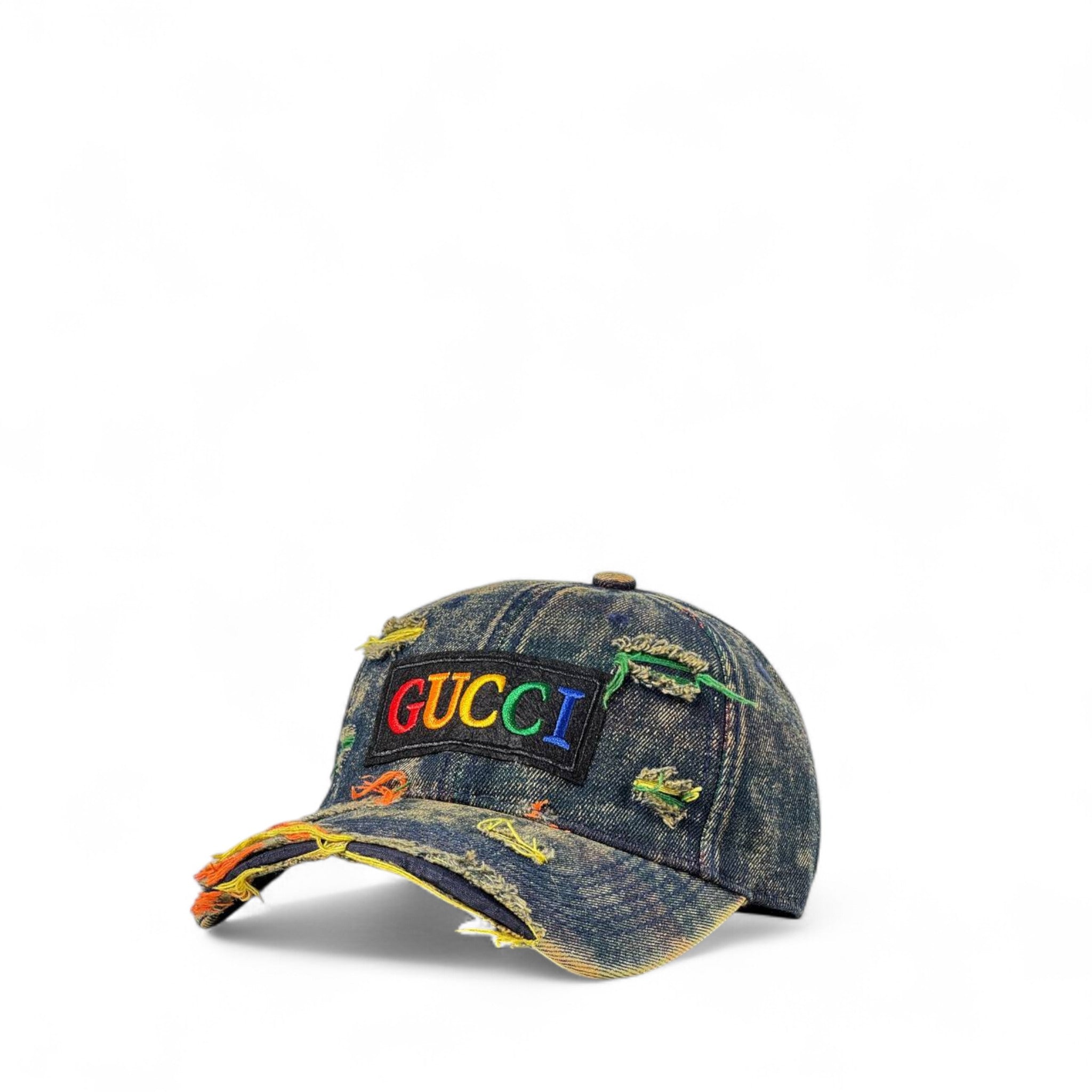 Gucci Distressed Denim Cap with Rainbow Logo 🌈🧢