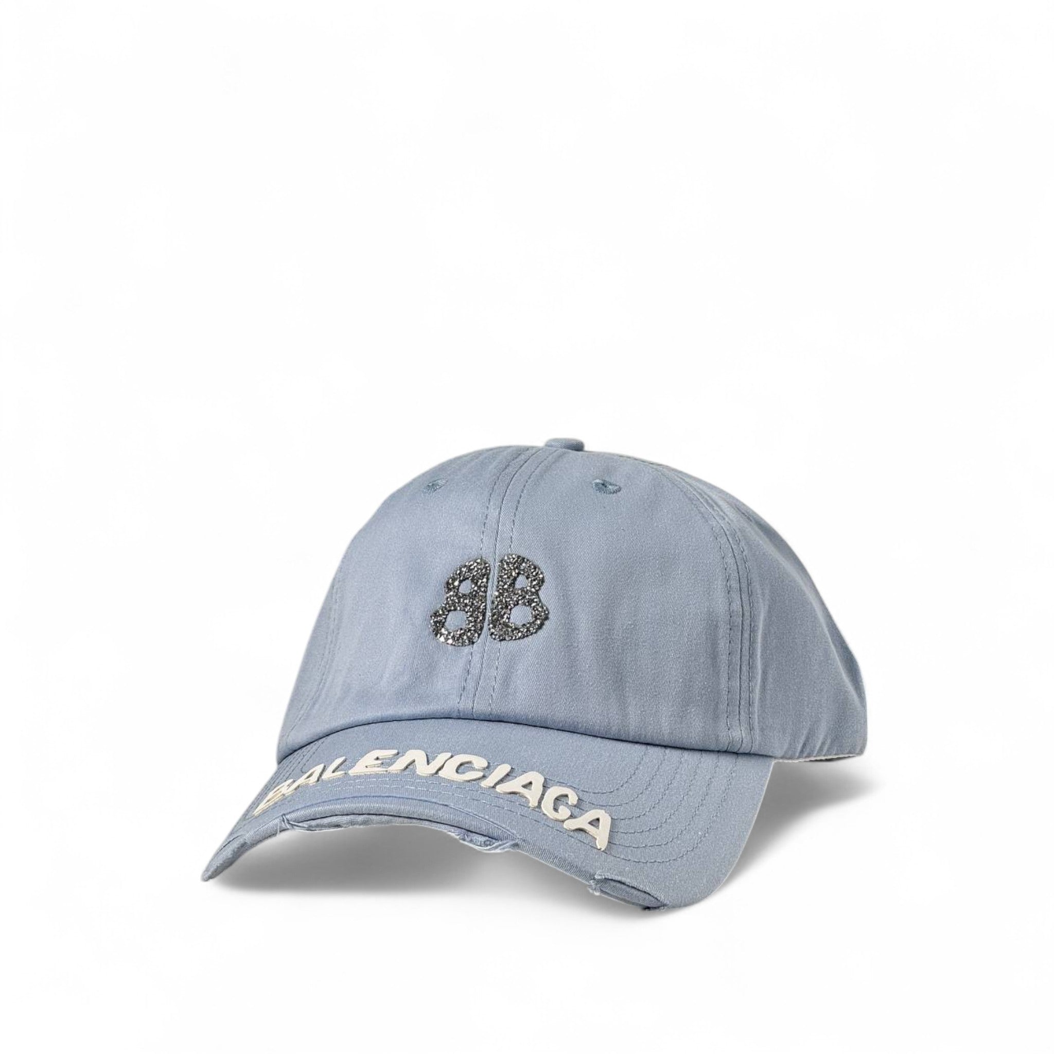 Balenciaga Sky Blue Distressed Cap – White Logo Edition