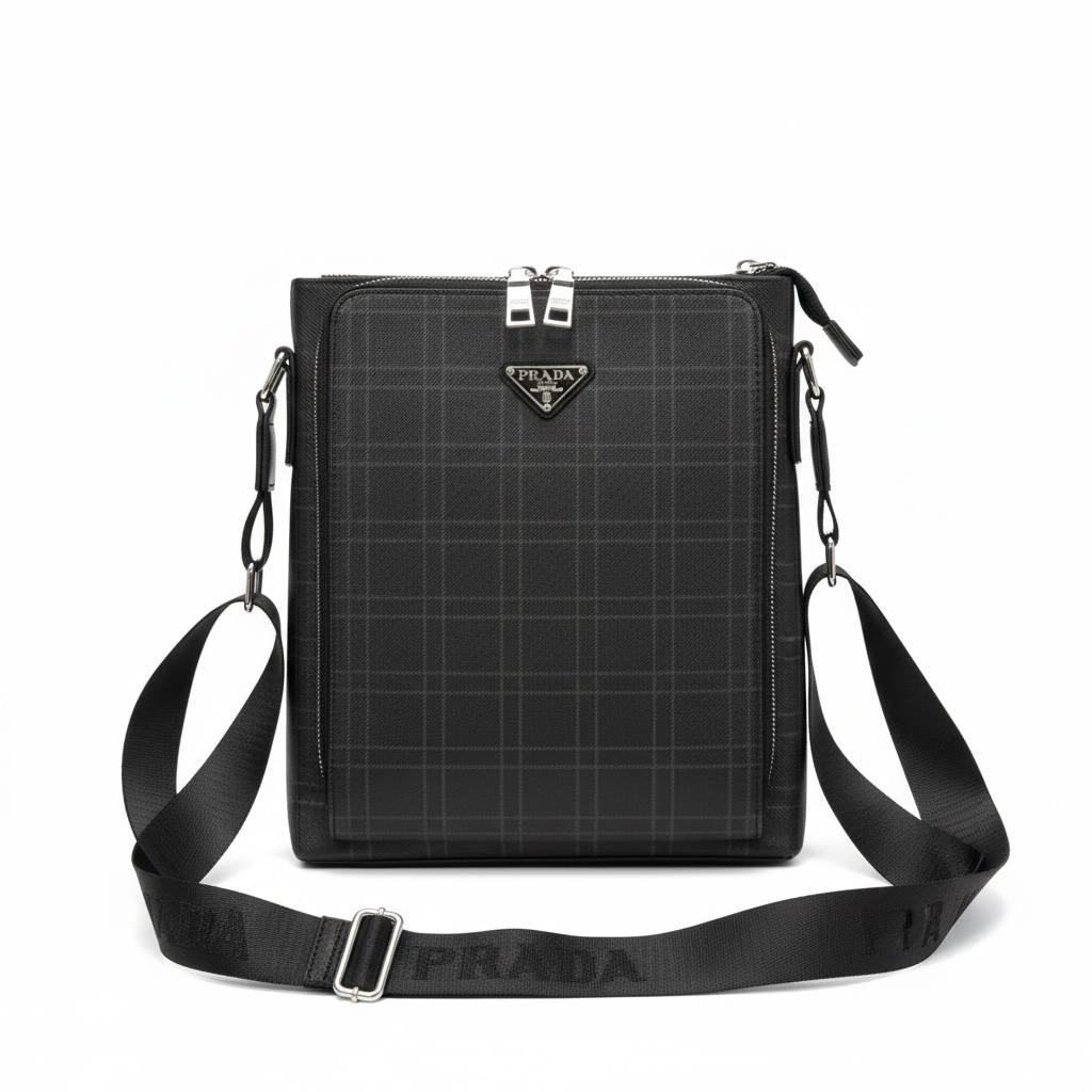 🖤 Prada Plaid Crossbody Messenger Bag – Black Designer Shoulder Bag