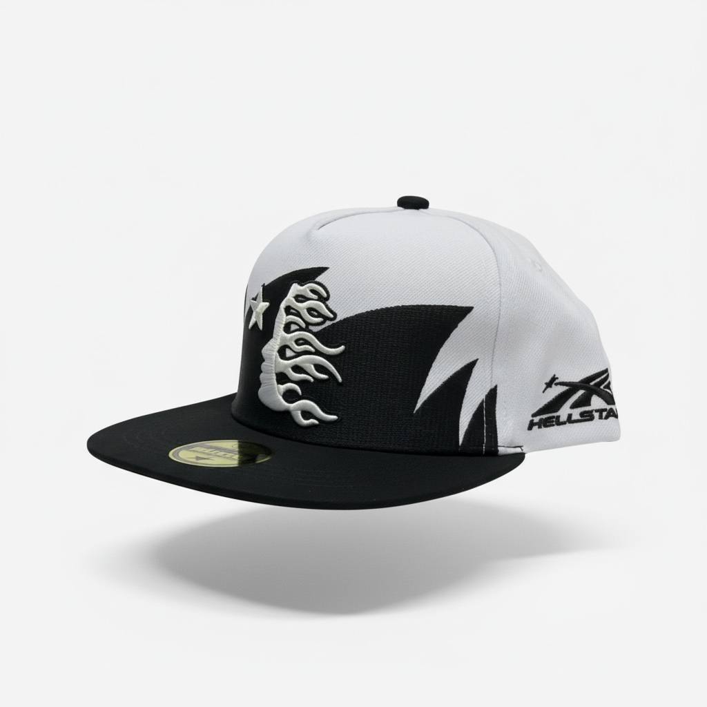 ⚫ Hellstar Flame Snapback Cap – Black & White Streetwear Hat