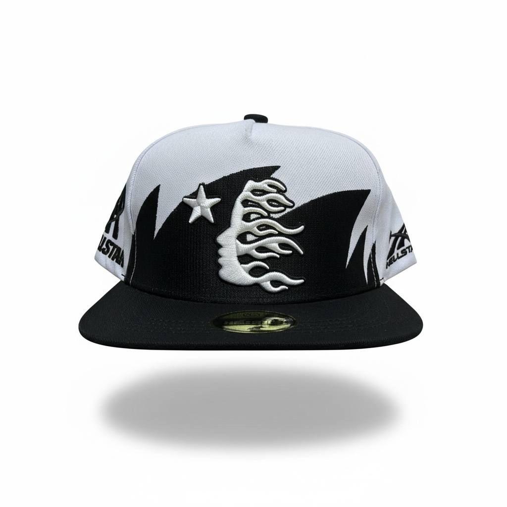 ⚫ Hellstar Flame Snapback Cap – Black & White Streetwear Hat