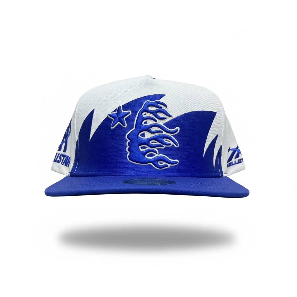 🔵 Hellstar Flame Snapback Cap – Blue & White Streetwear Hat