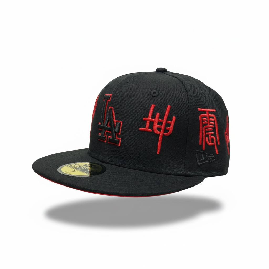 🧢 LA Dodgers Black & Red Fitted Cap – Japanese Script Edition ⚾🔥