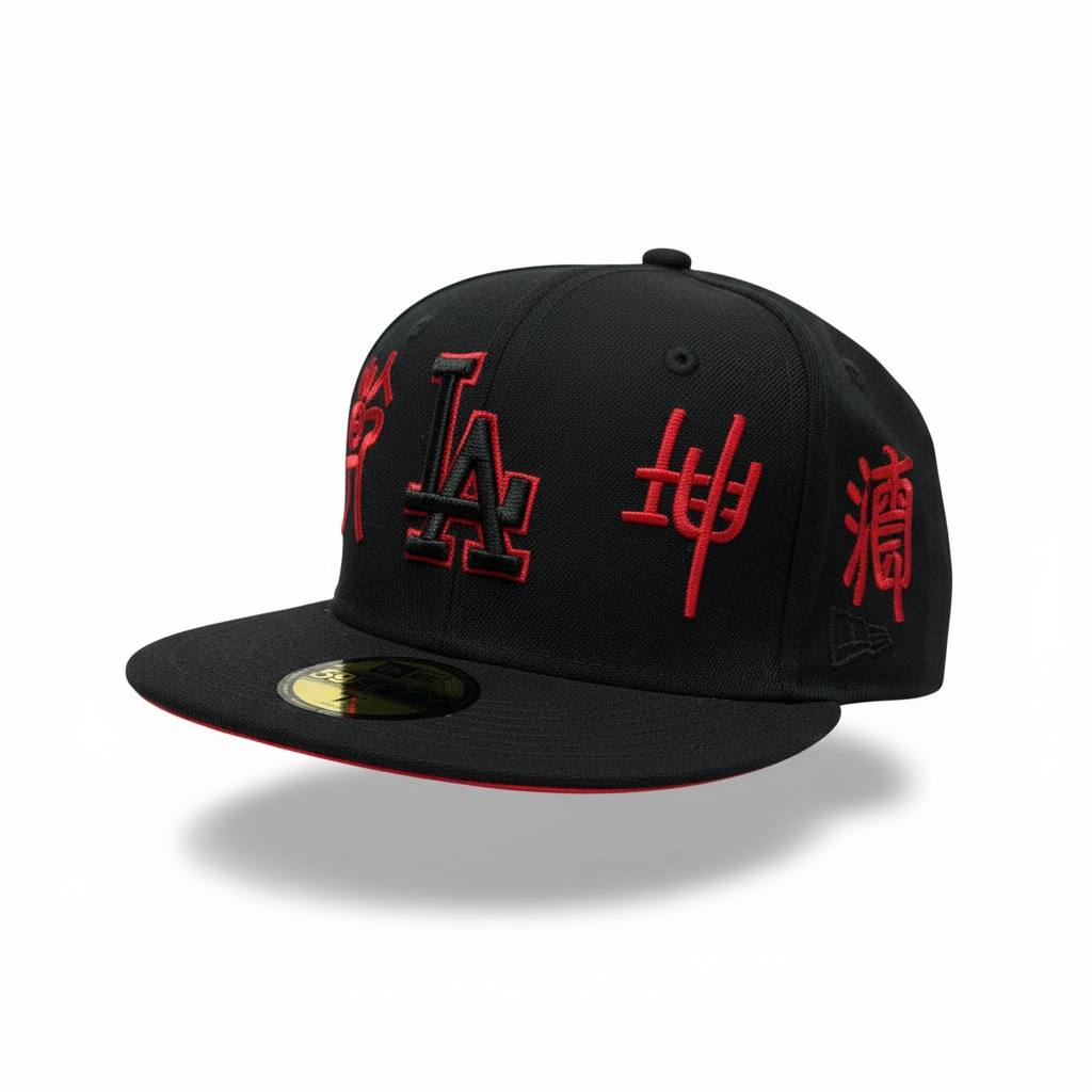 🧢 LA Dodgers Black & Red Fitted Cap – Japanese Script Edition ⚾🔥