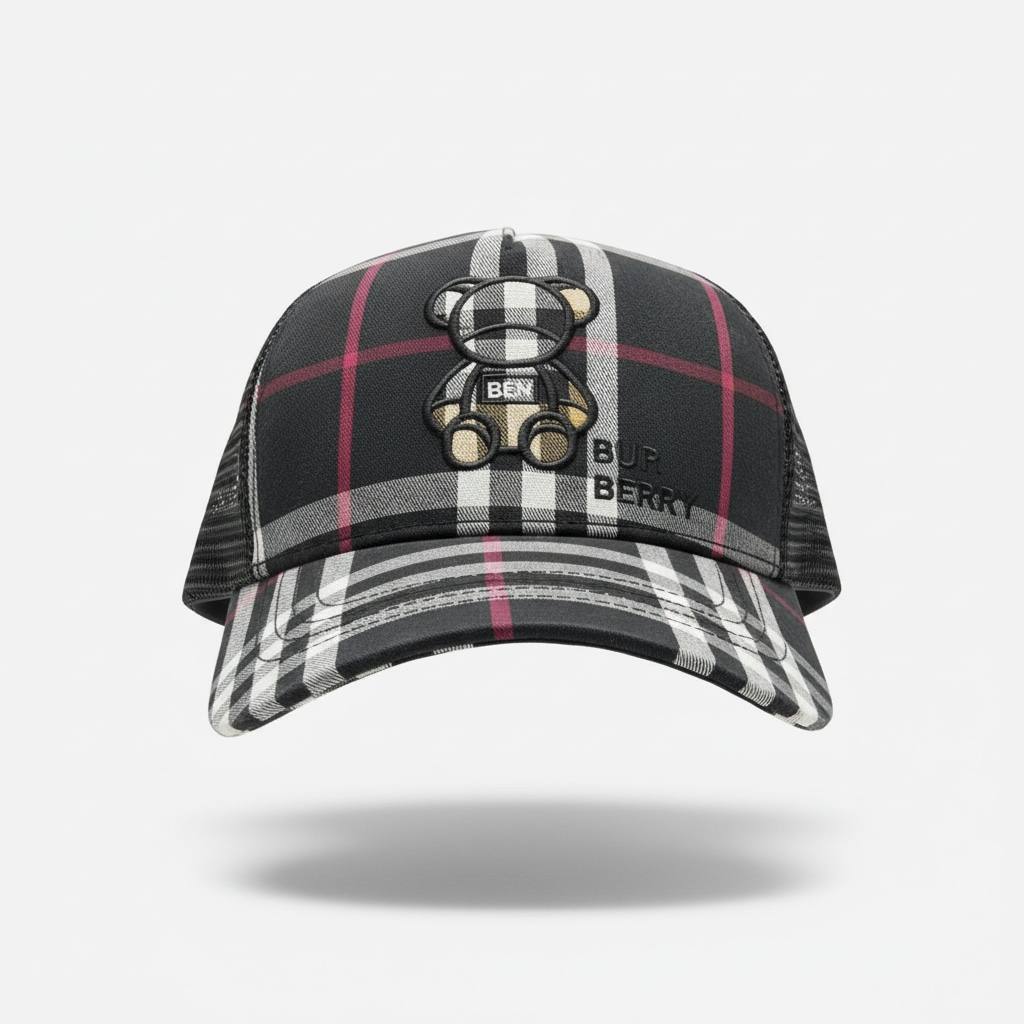 🧸 Burberry Teddy Bear Check Cap – Black Designer Trucker Hat