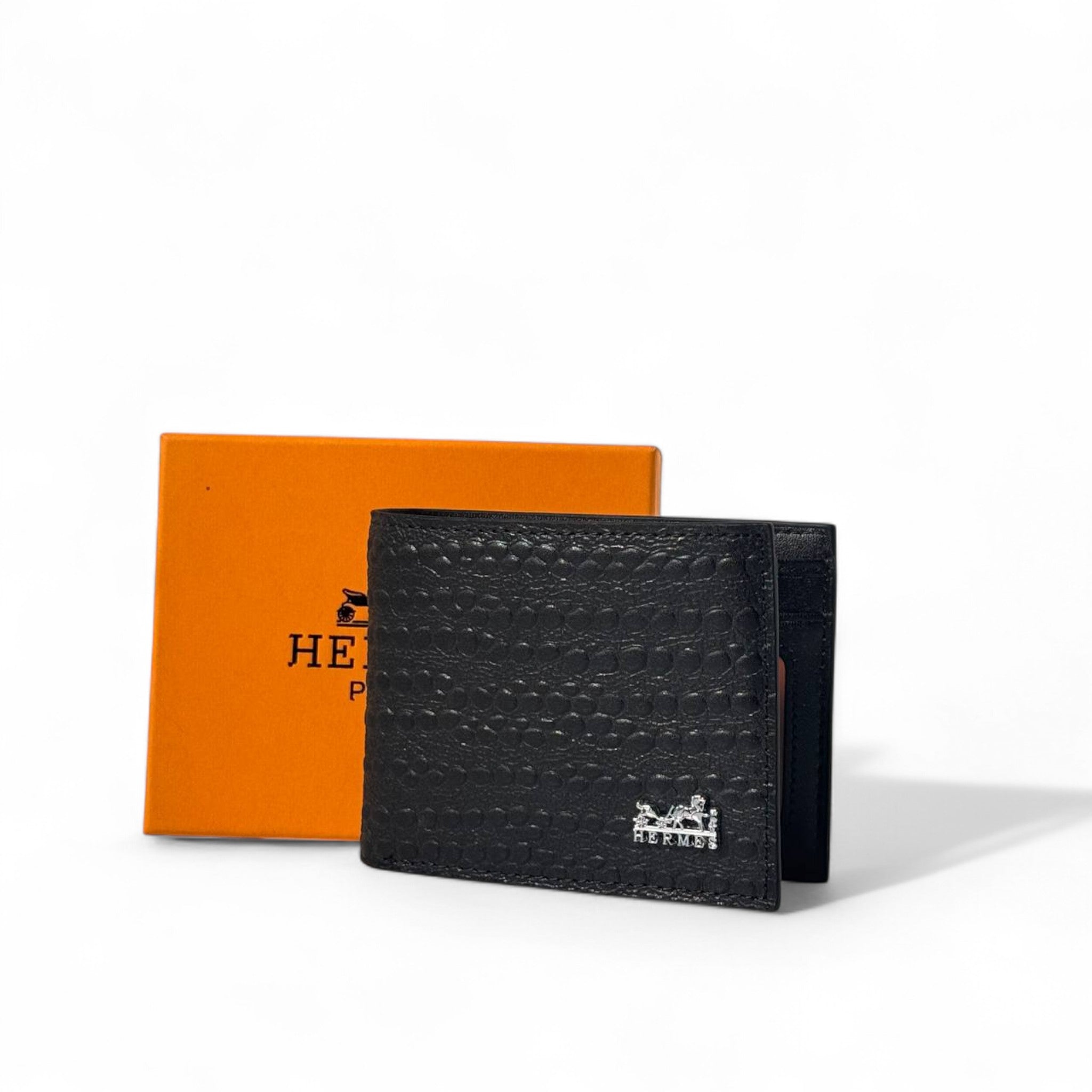 Hermès Crocodile-Textured Wallet 🐊 | Black Elegance with Silver Emblem