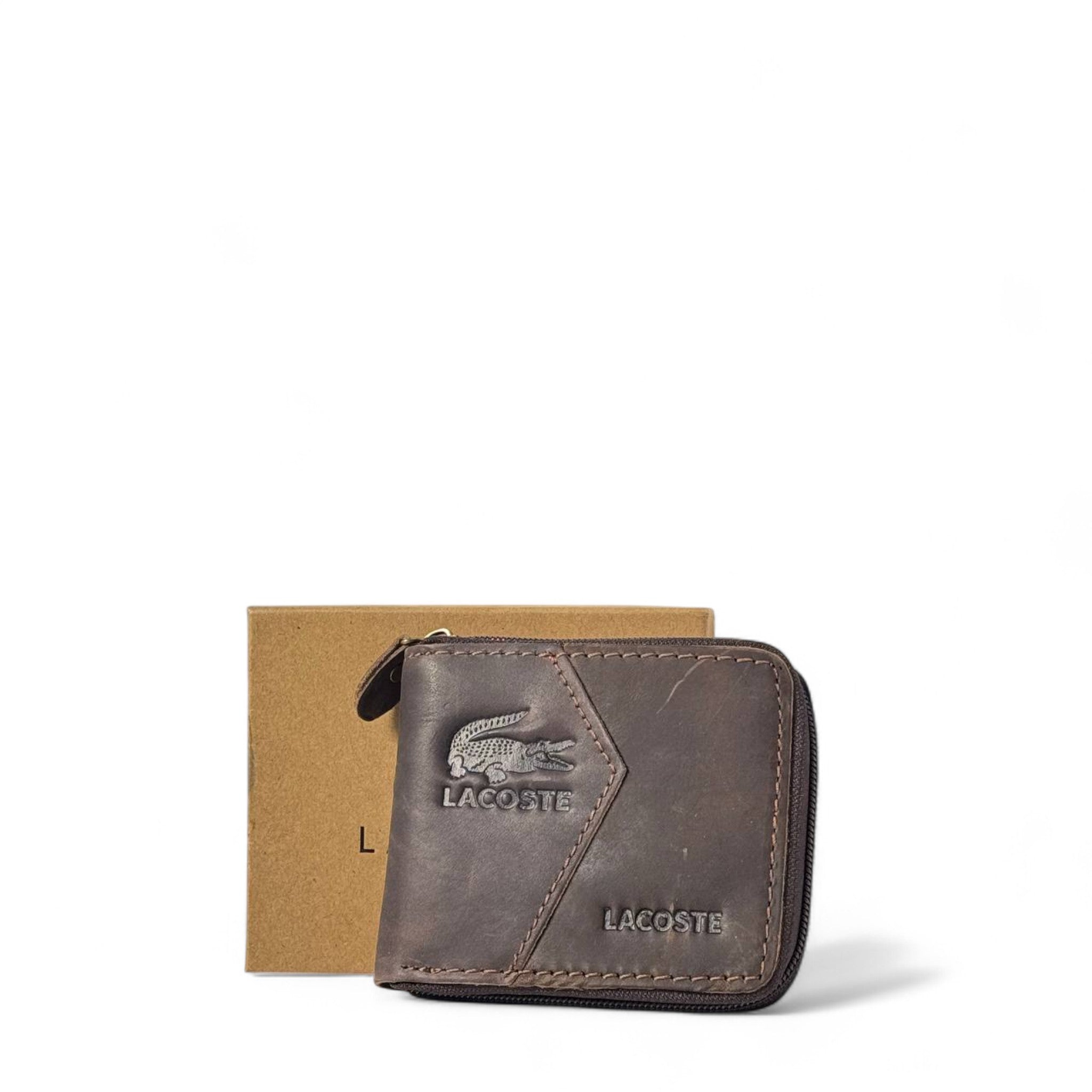 Lacoste Vintage Brown Zip Wallet 🐊 – Full-Grain Leather Style