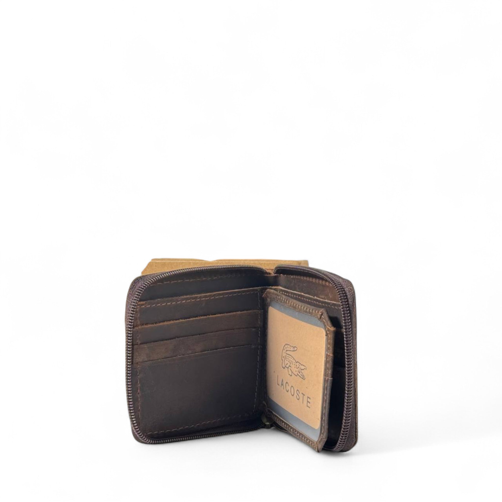 Lacoste Vintage Brown Zip Wallet 🐊 – Full-Grain Leather Style