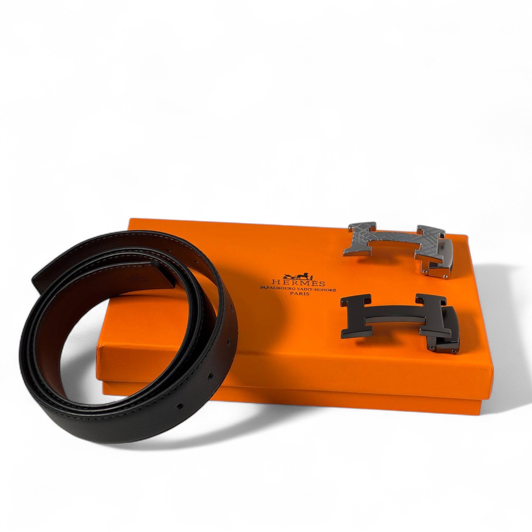 Hermès Black Leather Belt Set – Dual "H" Buckles | 120cm 🧡🖤