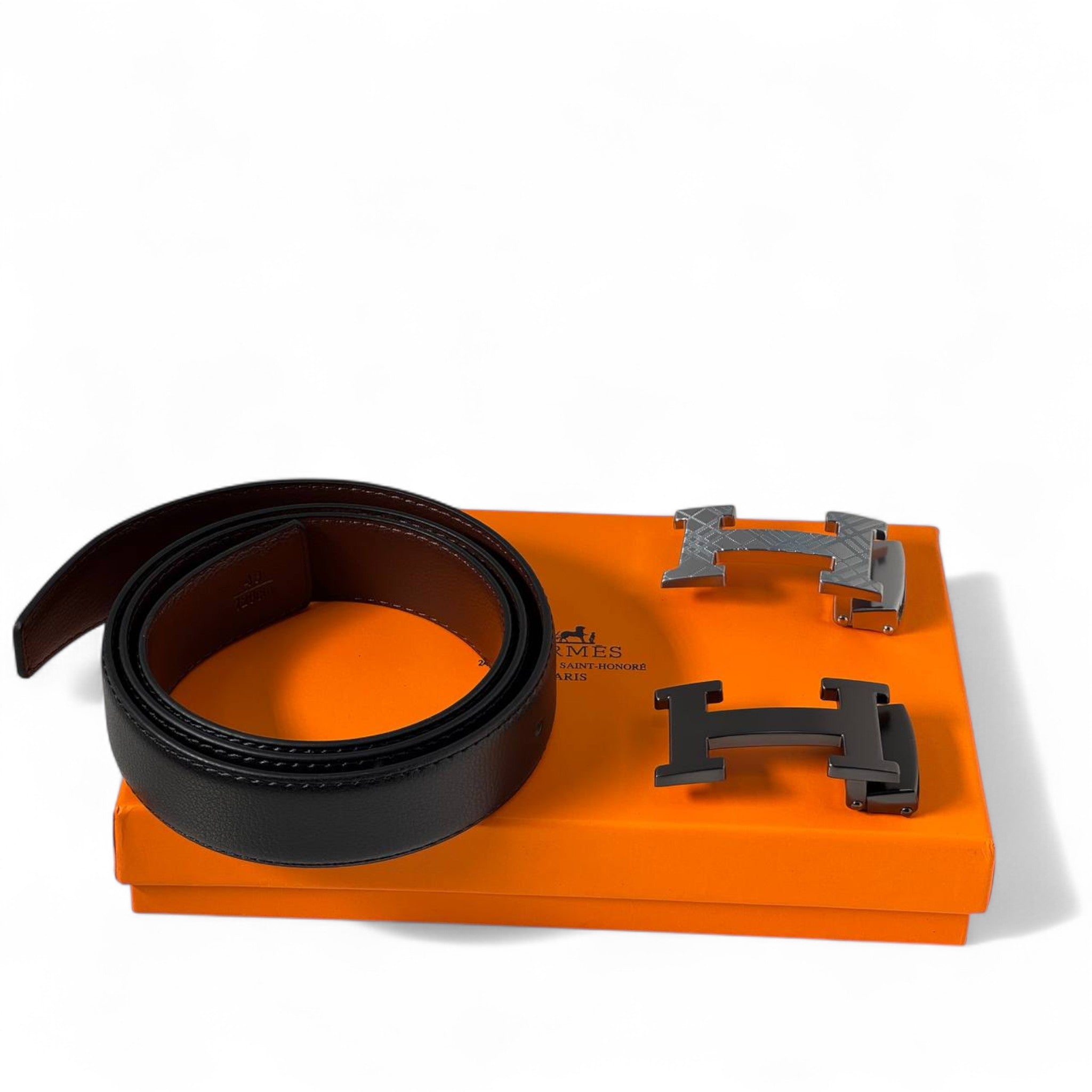 Hermès Black Leather Belt Set – Dual "H" Buckles | 120cm 🧡🖤