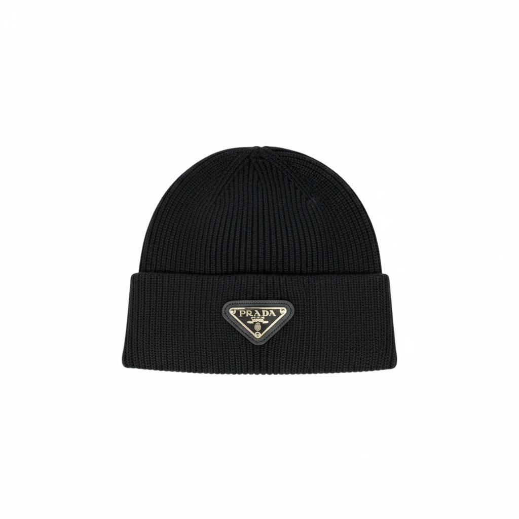 🖤 Prada Triangle Logo Beanie – Black Luxury Winter Knit Hat ❄️✨