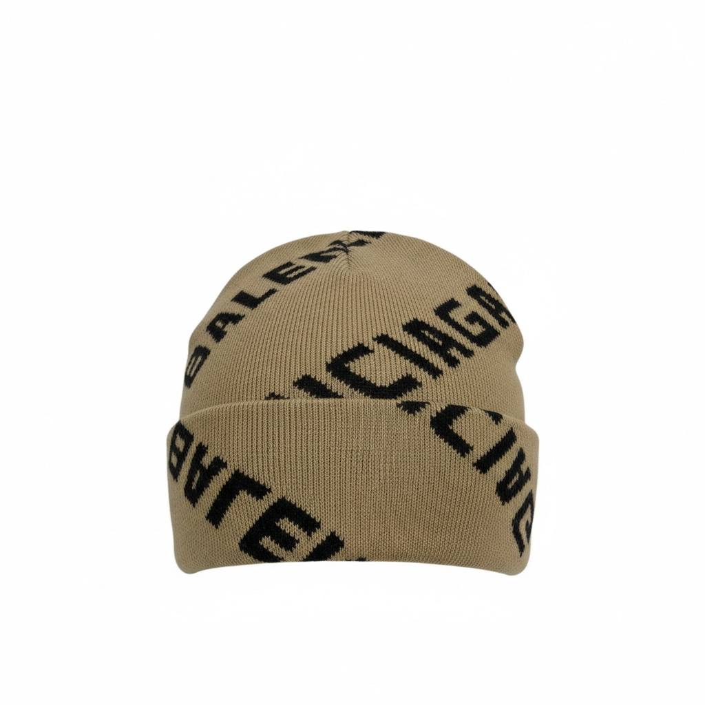 Balenciaga Beige All-Over Logo Beanie 🟫🖤 | Premium Designer Winter Hat | Unisex Streetwear