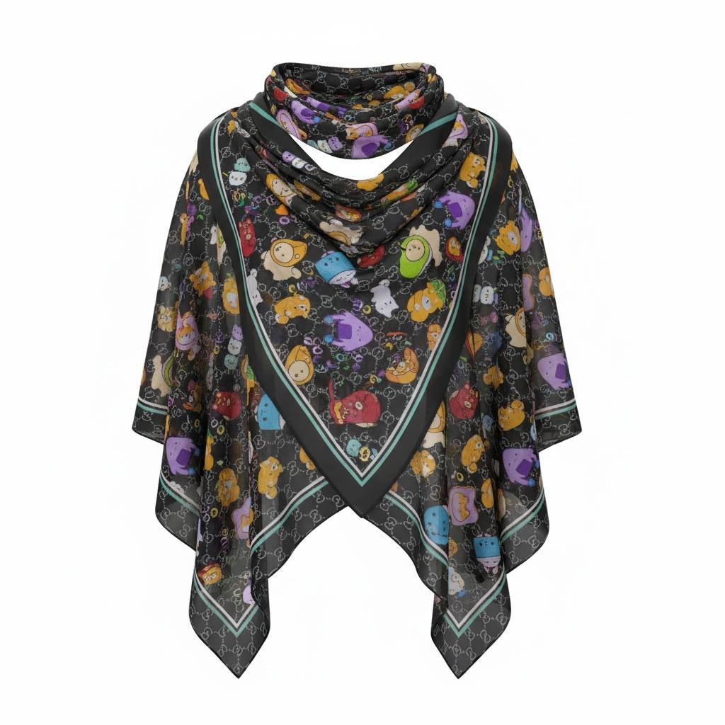 🖤 Gucci Cartoon Monogram Scarf & Hijab – Playful Luxury Designer Shawl ✨