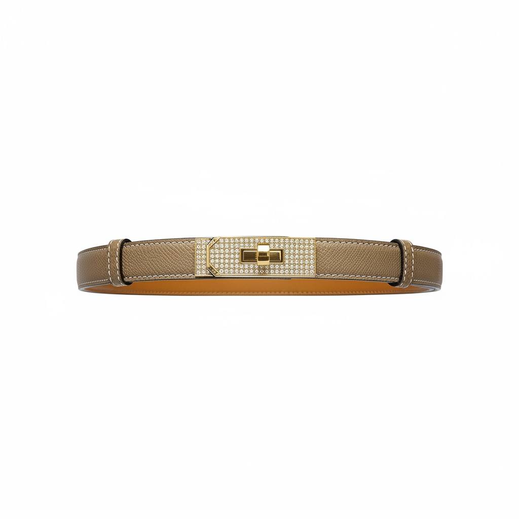 ✨ Hermès Crystal Kelly Lock Leather Belt – Taupe Luxury Designer Belt 🤎
