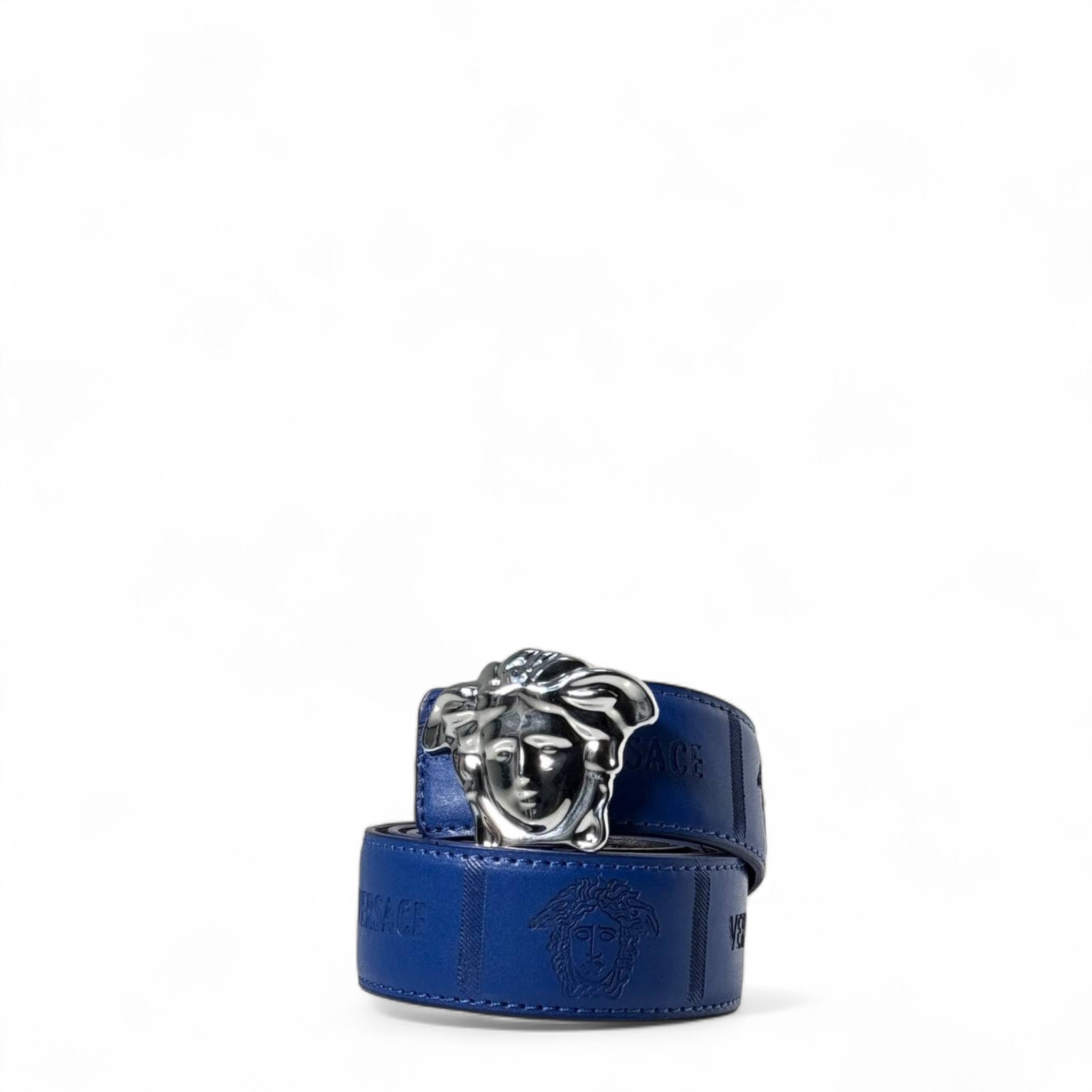 💙 Versace Blue Leather Belt – Silver Medusa Buckle (115 & 120 cm) 💙