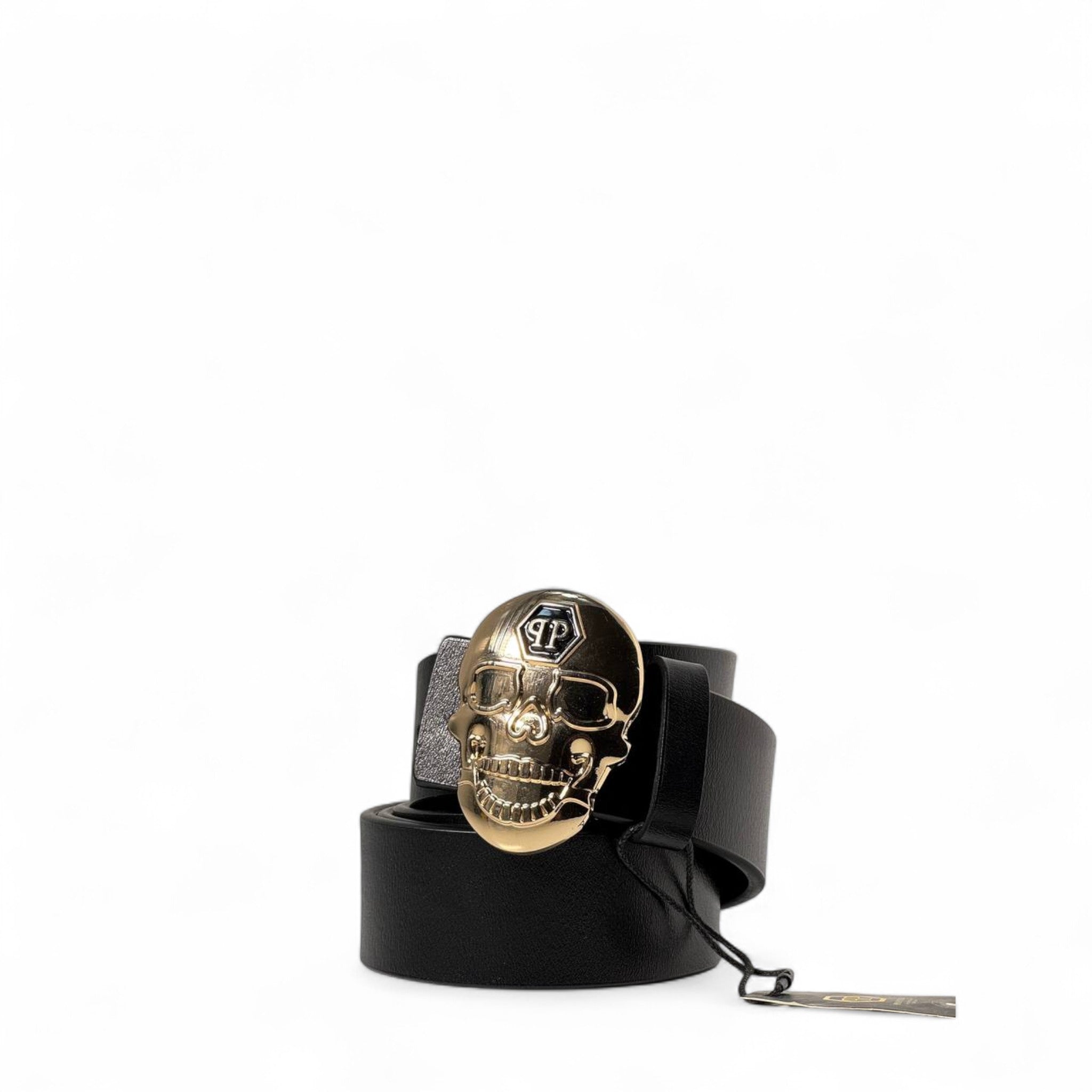 💀 Philipp Plein Skull Buckle Belt – Black Leather with Gold Skull (120 cm) 🖤