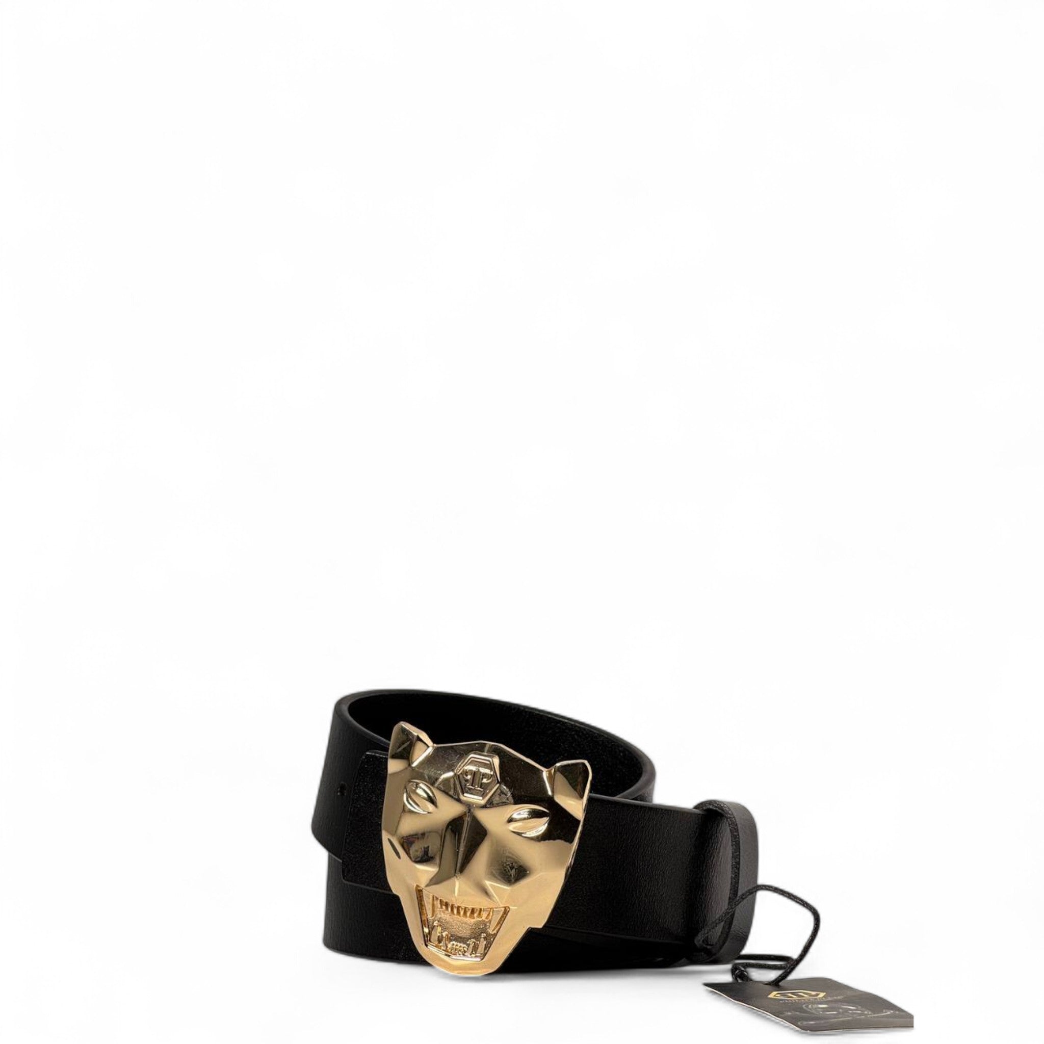 🐾 Philipp Plein Panther Buckle Belt – Gold Cat Head on Black Leather (110 cm) 🖤