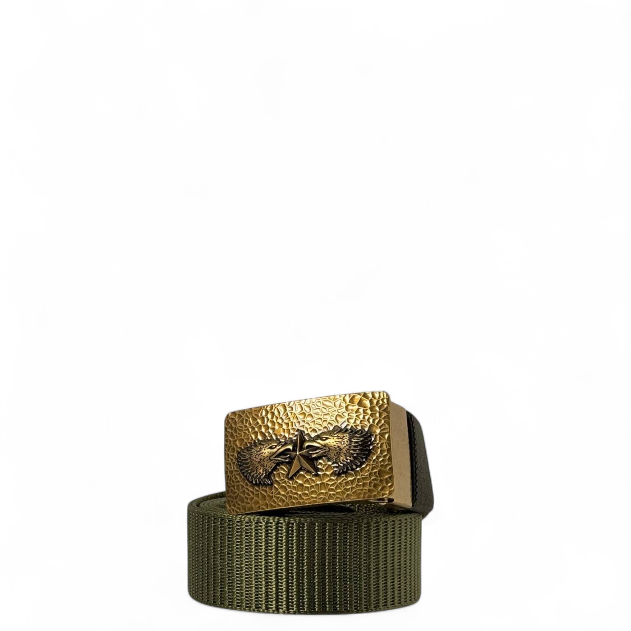 🟢 Gold Double Eagle Olive Green Tactical Belt – 125cm | Bold Military-Inspired Design