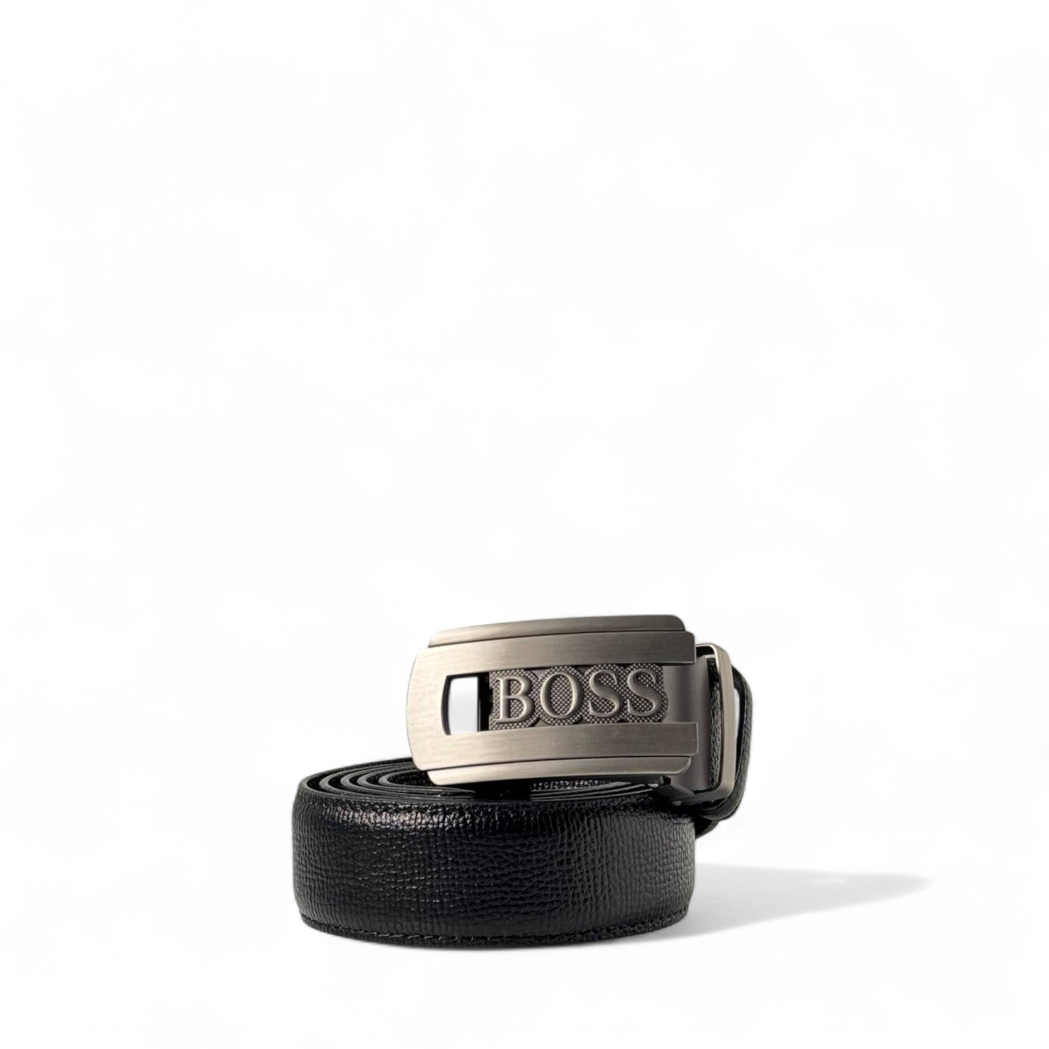 🖤 BOSS Textured Leather Belt – 130cm Black | Brushed Metal Signature Buckle