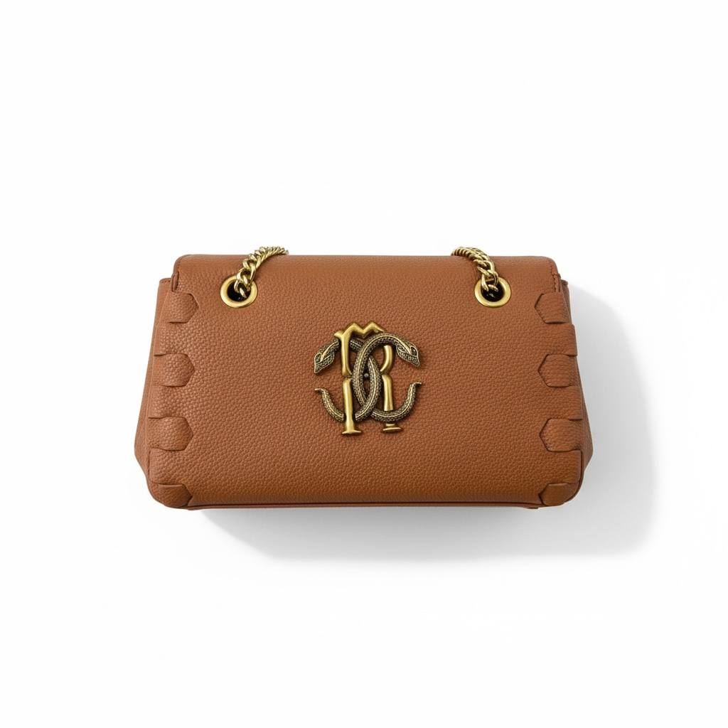 🔥 Roberto Cavalli Snake Monogram Shoulder Bag – Caramel Gold Edition 🔥